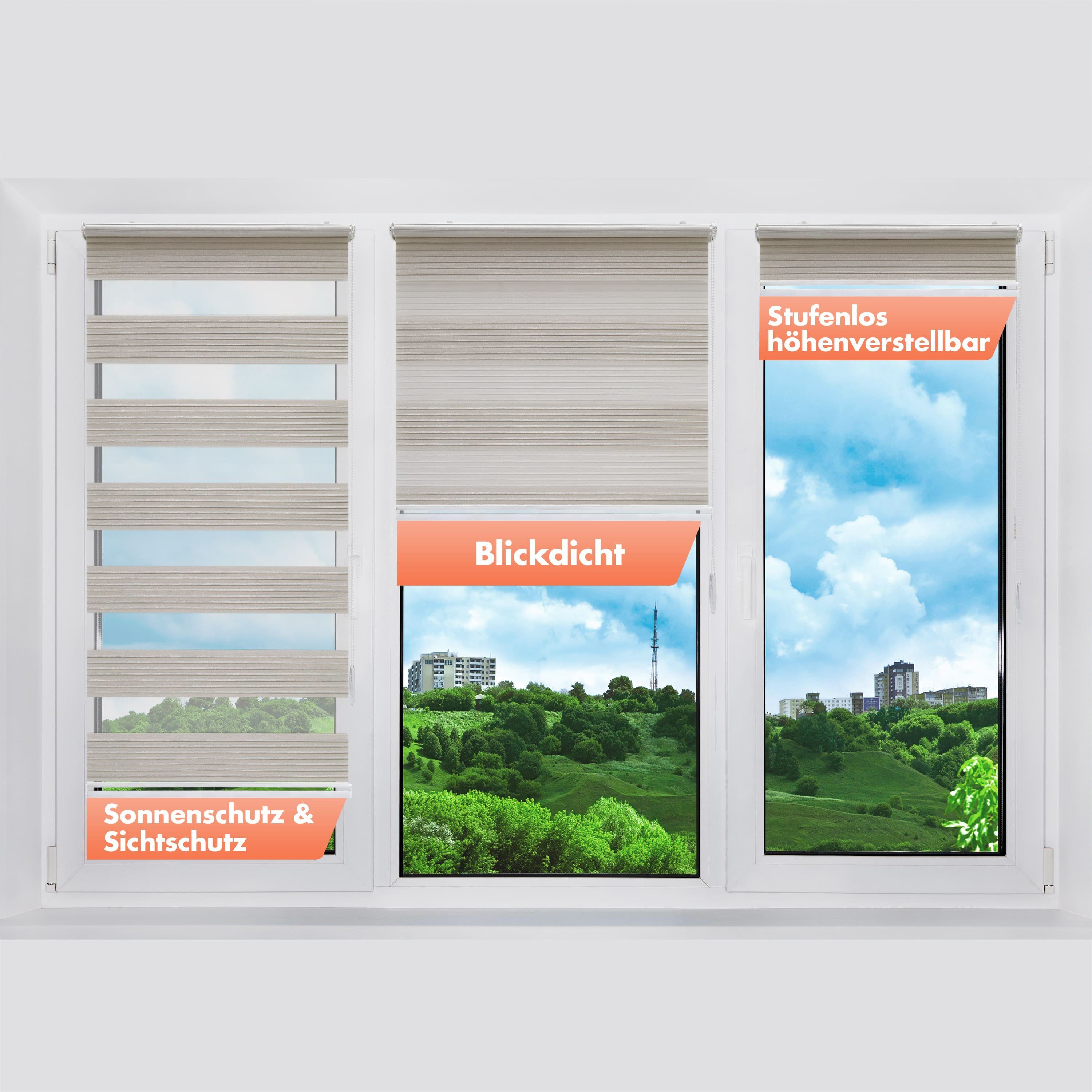 Doppelrollo für Fenster, Klemm Rollos ohne Bohren, Duo Rollo, Bailena, Lichtschutz, ohne Bohren, freihängend, Klemmfix, mit Glitzer Lux, Premium-Stoff