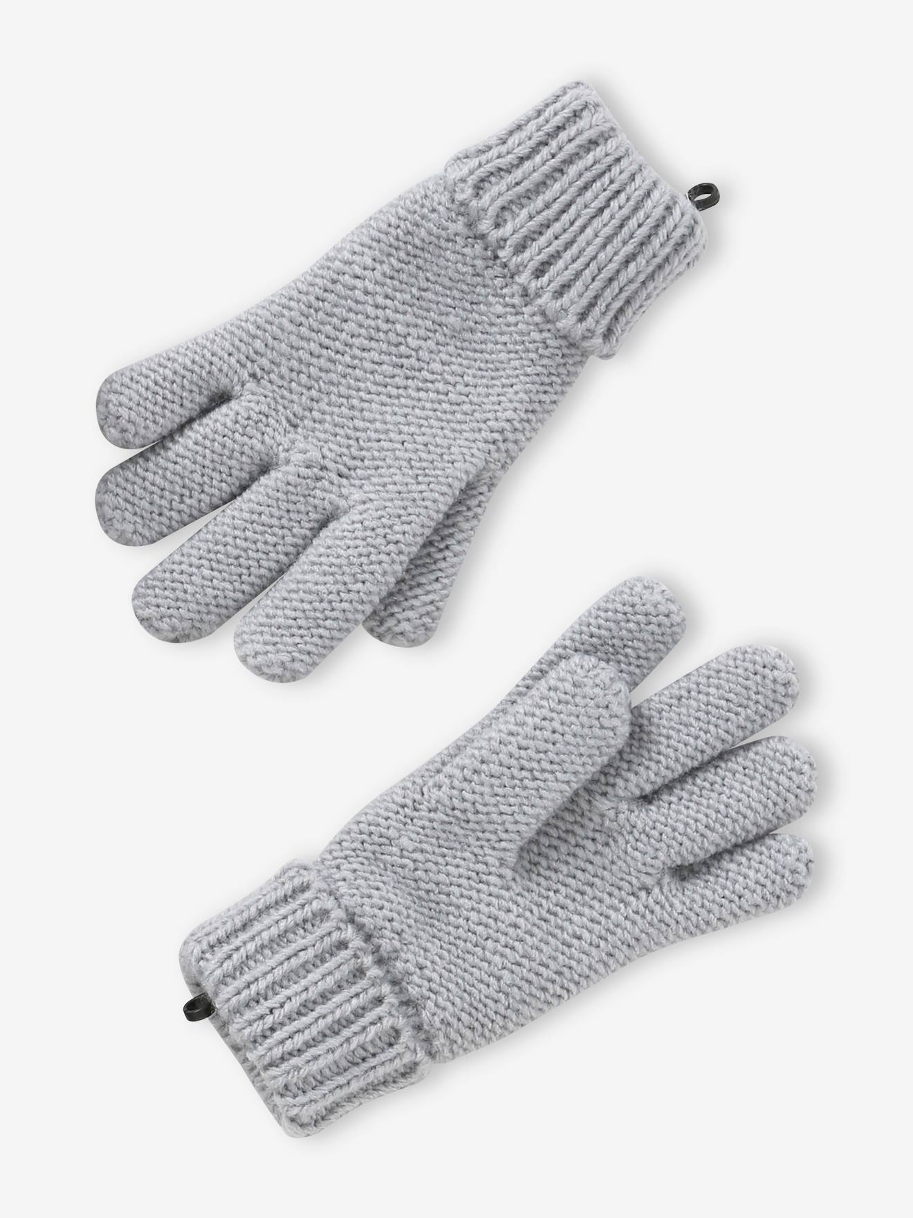 Ensemble bonnet + snood + gants ou moufles pompons fille gris chiné