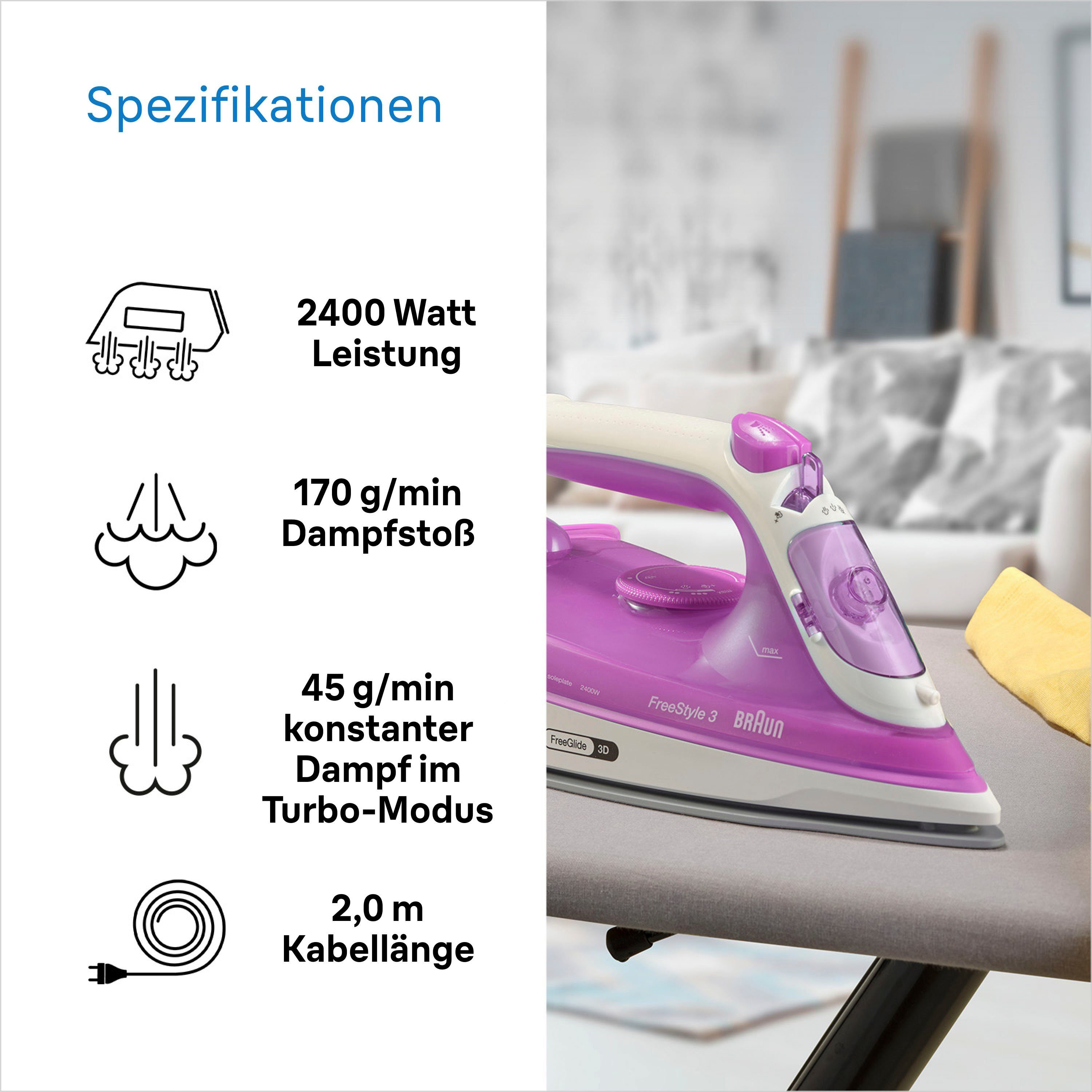 Braun Dampfbügeleisen Braun FreeStyle 3 FI 3124 PU Dampfbügeleisen Weiß/Lila, 2400 W