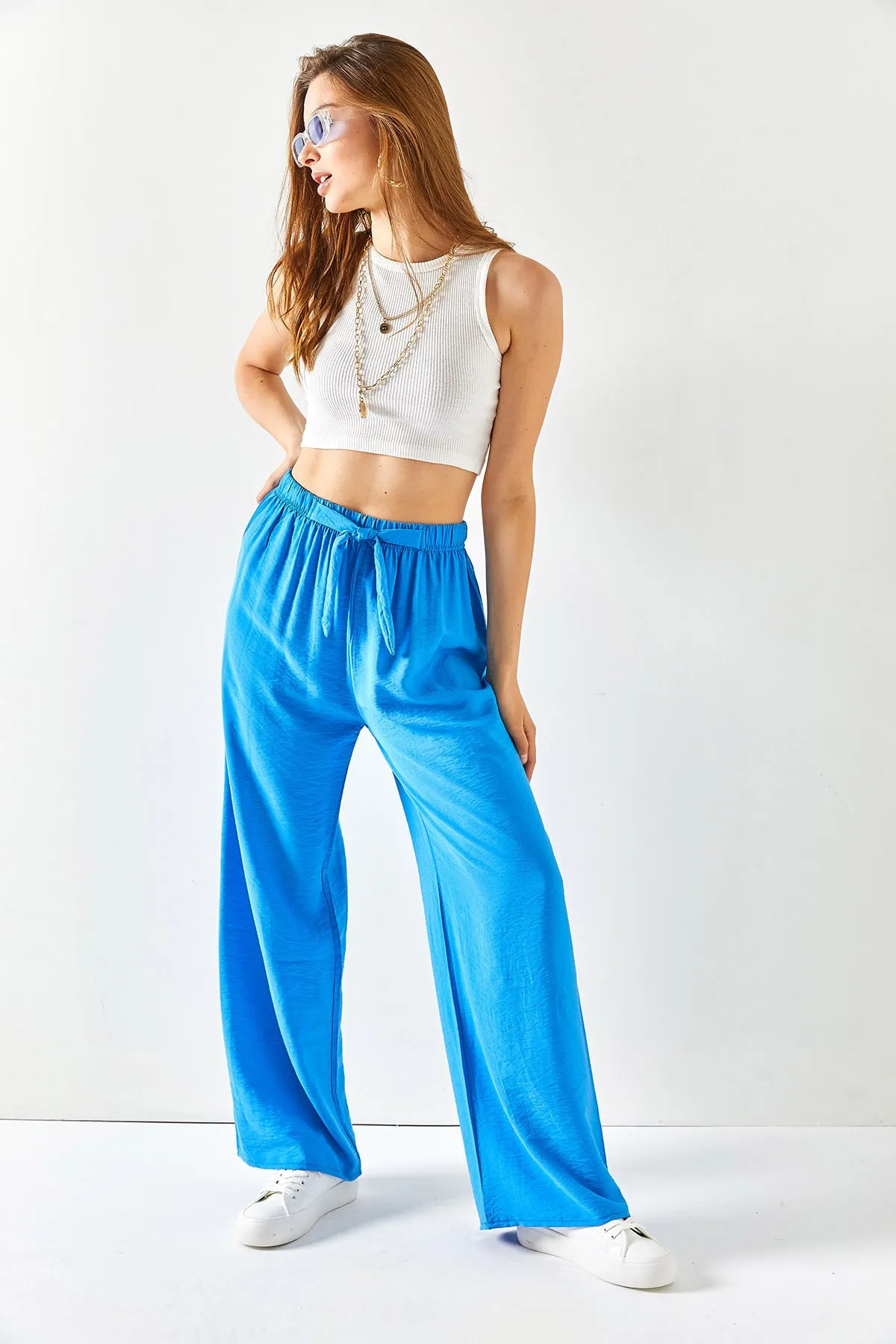 Olalook  Blaue Palazzo-Ayrobin-Hose mit Gürtel und elastischem Bund für Damen PNT-19000200