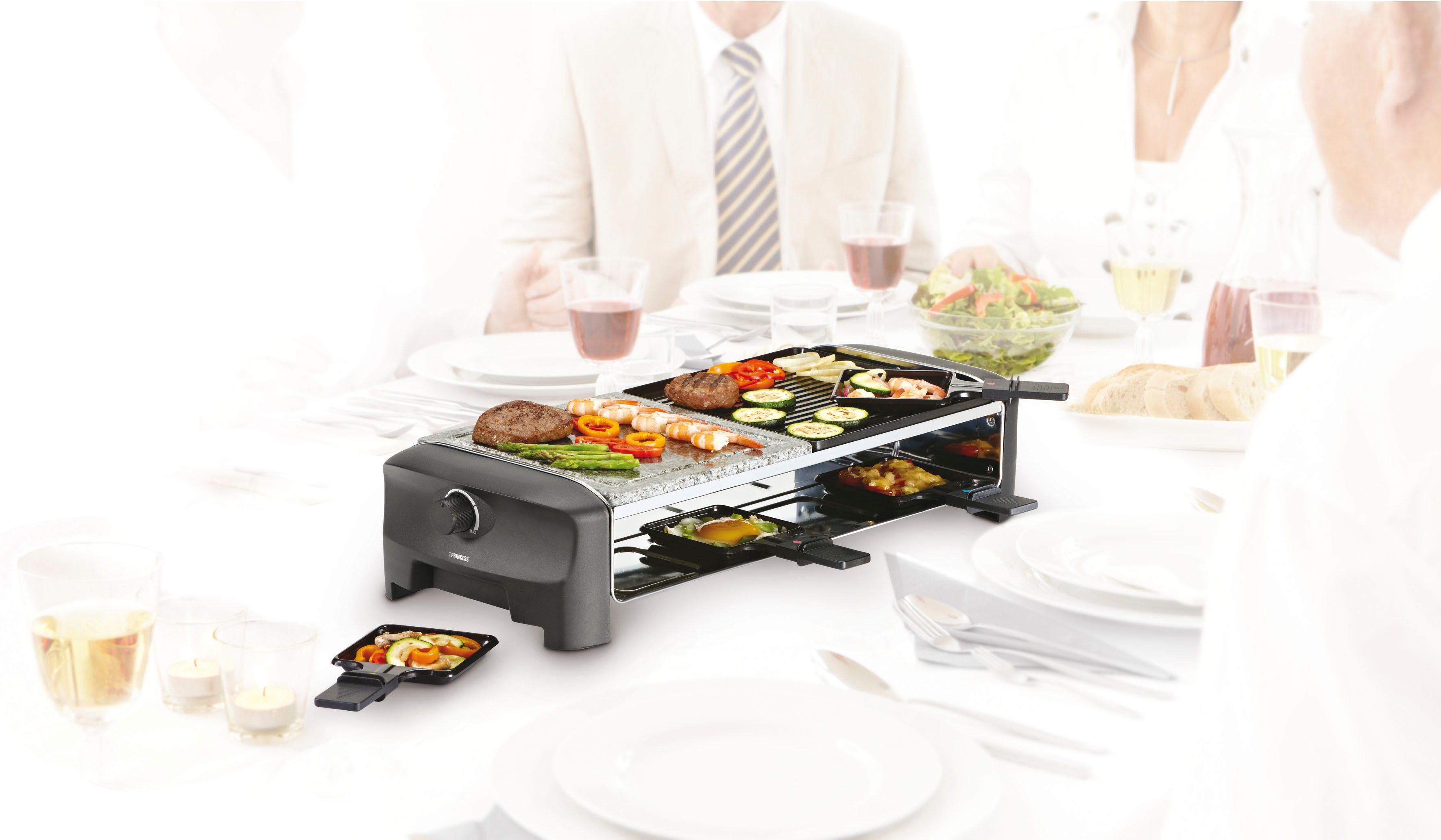 PRINCESS Raclette 8 Stone & Grill Party 162820, 8 Raclettepfännchen, 1300 W