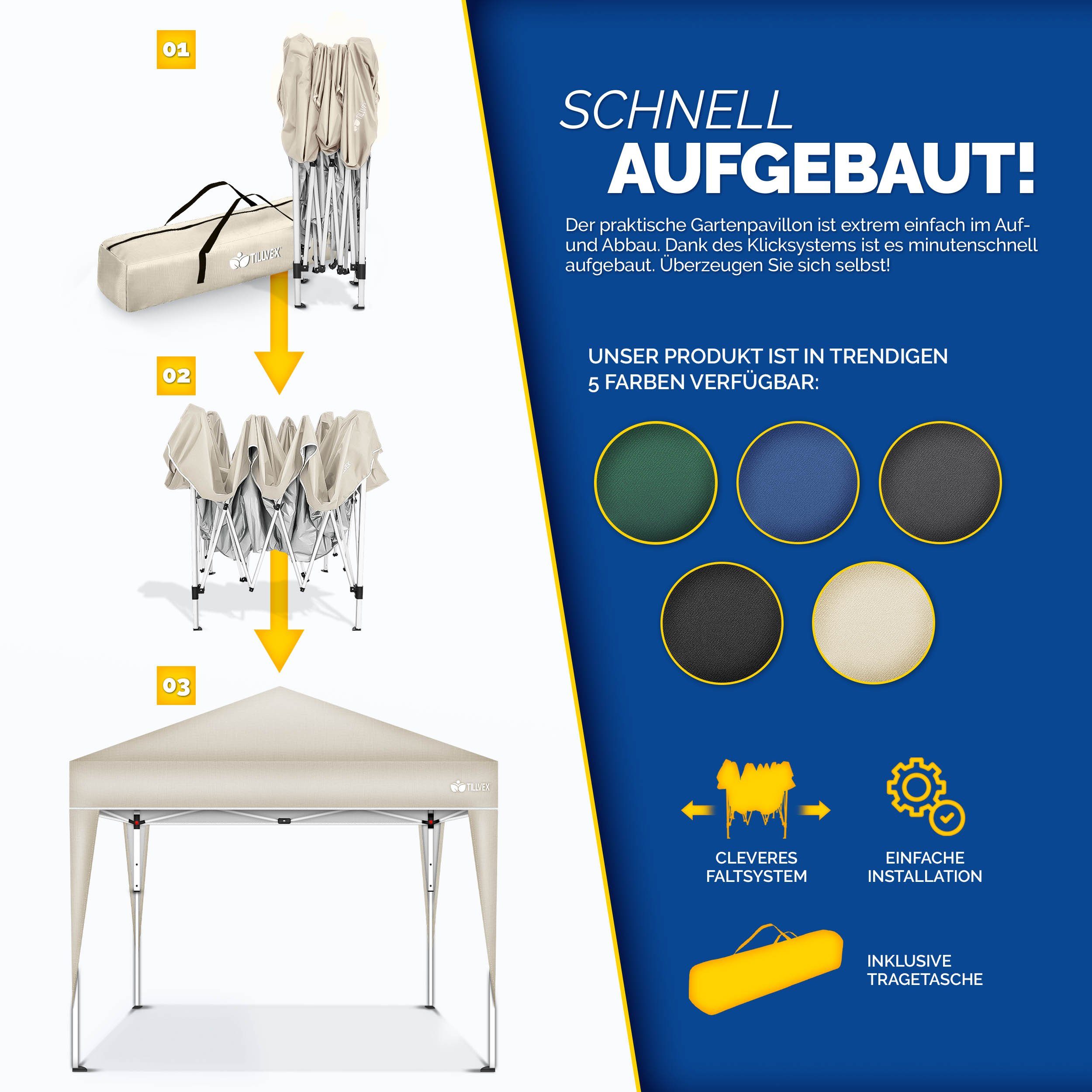 tillvex Pavillon Gartenpavillon 3x3m Wasserdicht Gartenzelt Pop Up, Wasserdicht, höhenverstellbar, UV Schutz 50+, inkl. Tasche