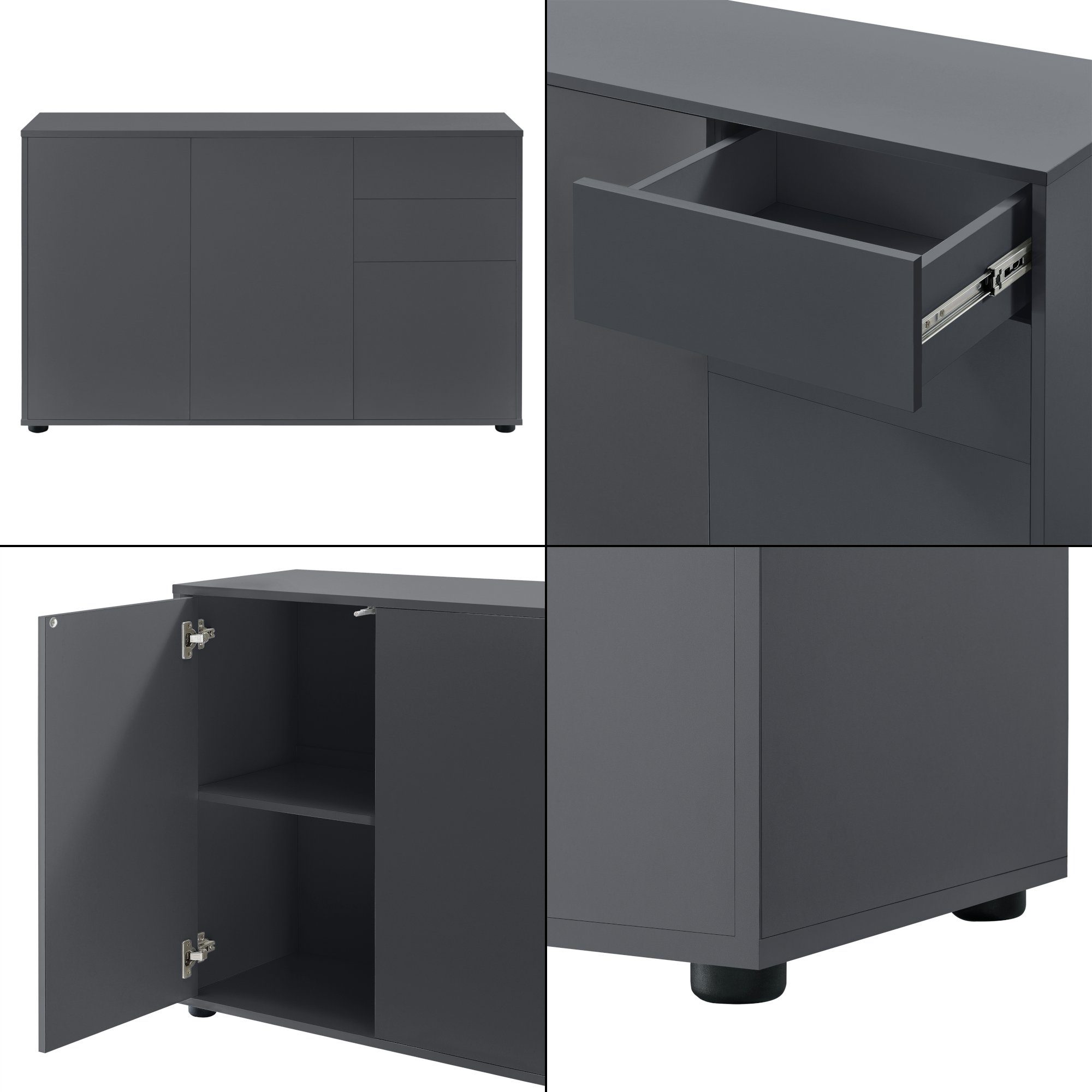 en.casa Sideboard, Paarl Kommode Schubladenschrank mit 3 Türen dunkelgrau matt