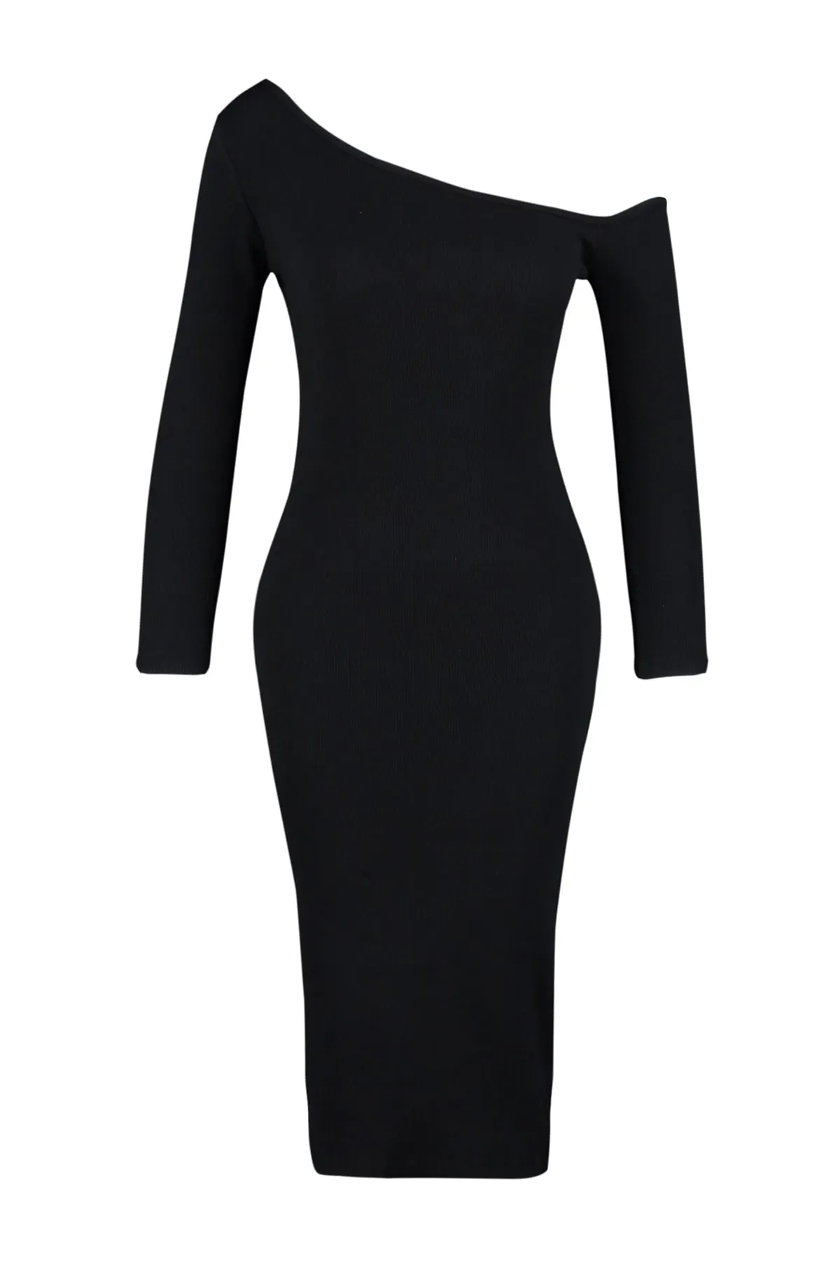 Trendyol Collection  Schwarzes, geripptes, schulterfreies, tailliertes/tailliertes Midi-Bleistiftkleid aus flexiblem Strick TWOAW24EL00201