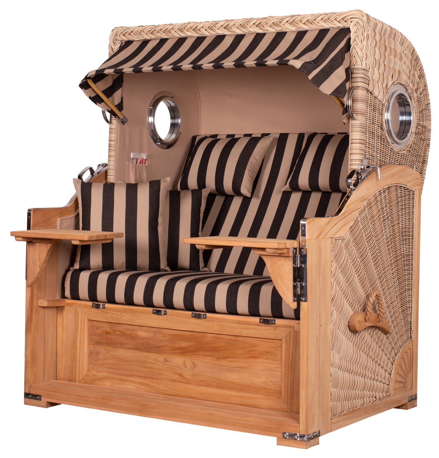 bene living Strandkorb Königssee 2,5-Sitzer Teak - PE shell - Modell 581, BxTxH: 142x95x170 cm, Volllieger ca. 175 Grad, Ostsee-Strandkorb Komplettset, inkl. Liftersystem und Bullaugen