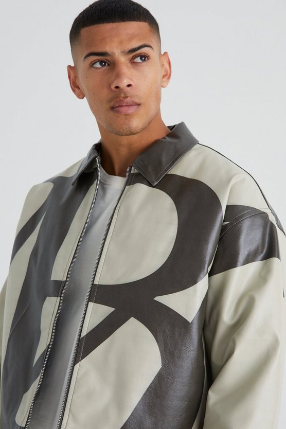 Kastige PU Harrington-Jacke mit Bm-Print