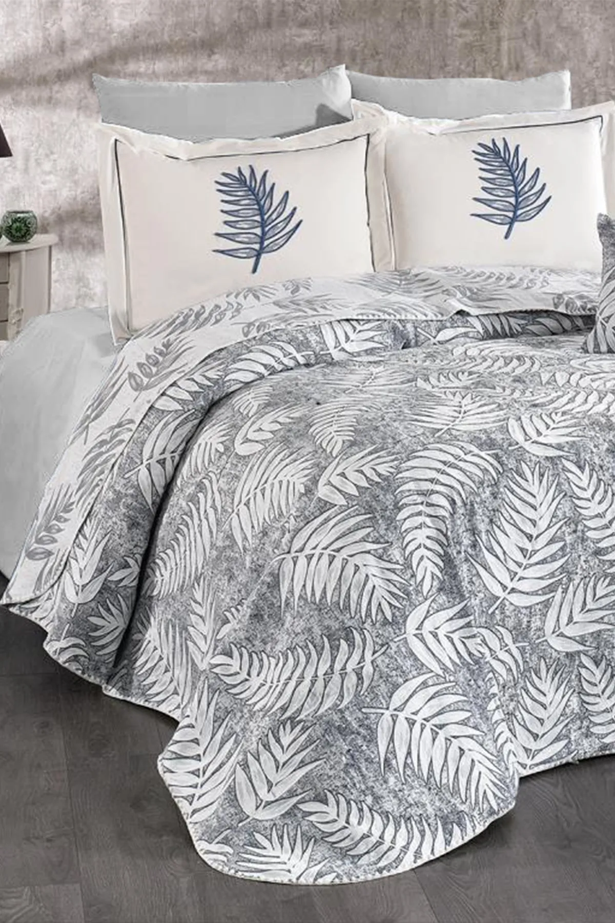 Çeyiz Diyarı  Palm 7-teiliges Chenille-Pique-Set Creme – Grau