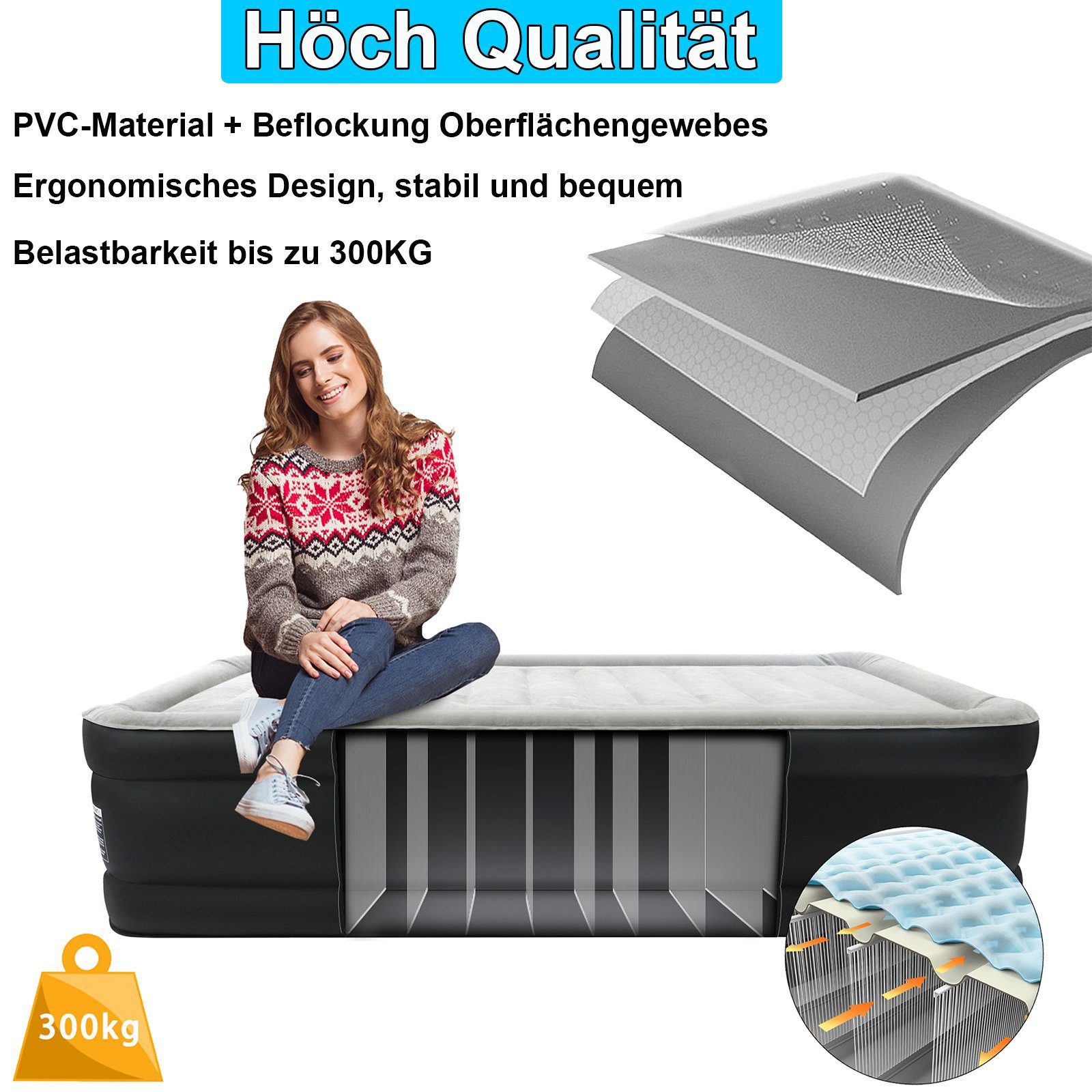 UISEBRT Luftbett Aufblasbar Matratze PVC Luftbett Selbstaufblasend + Elektrischer Pumpe, Aufblasbar Luftmatratze max 300kg für Innen Außen