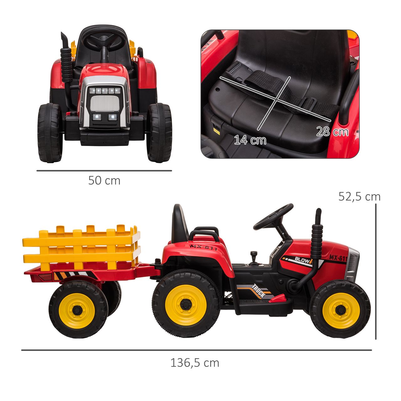 HOMCOM Elektrischer Traktor Kinder Aufsitztraktor mit MP3 Funktion, 3-6KM/H Rot