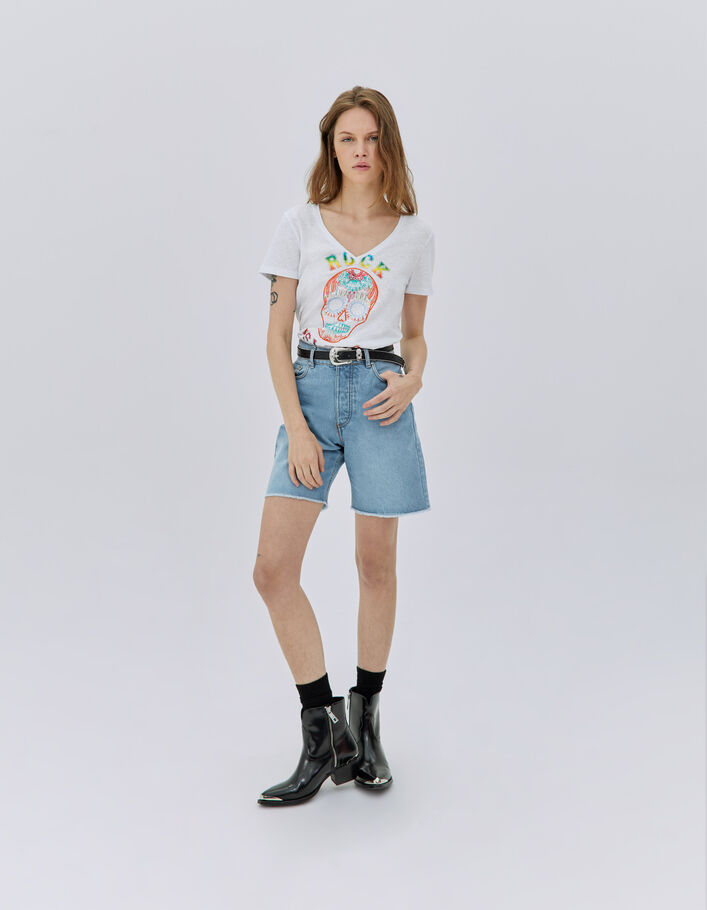 Tee-shirt blanc visuel tête de mort métalisé et broderies femme