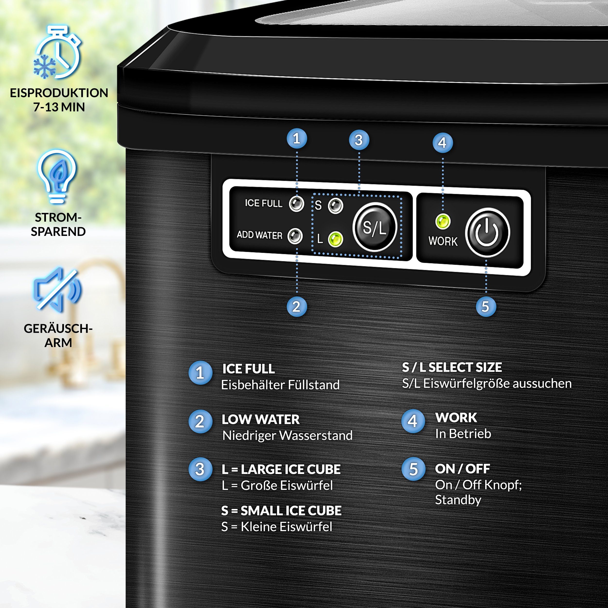 tillvex Eiswürfelmaschine 2,2 Liter Wassertank Ice-Maker LED-Display & Selbstreinigungsfunktion, Edelstahl 12 kg - 24 h, Eiswürfelbereiter