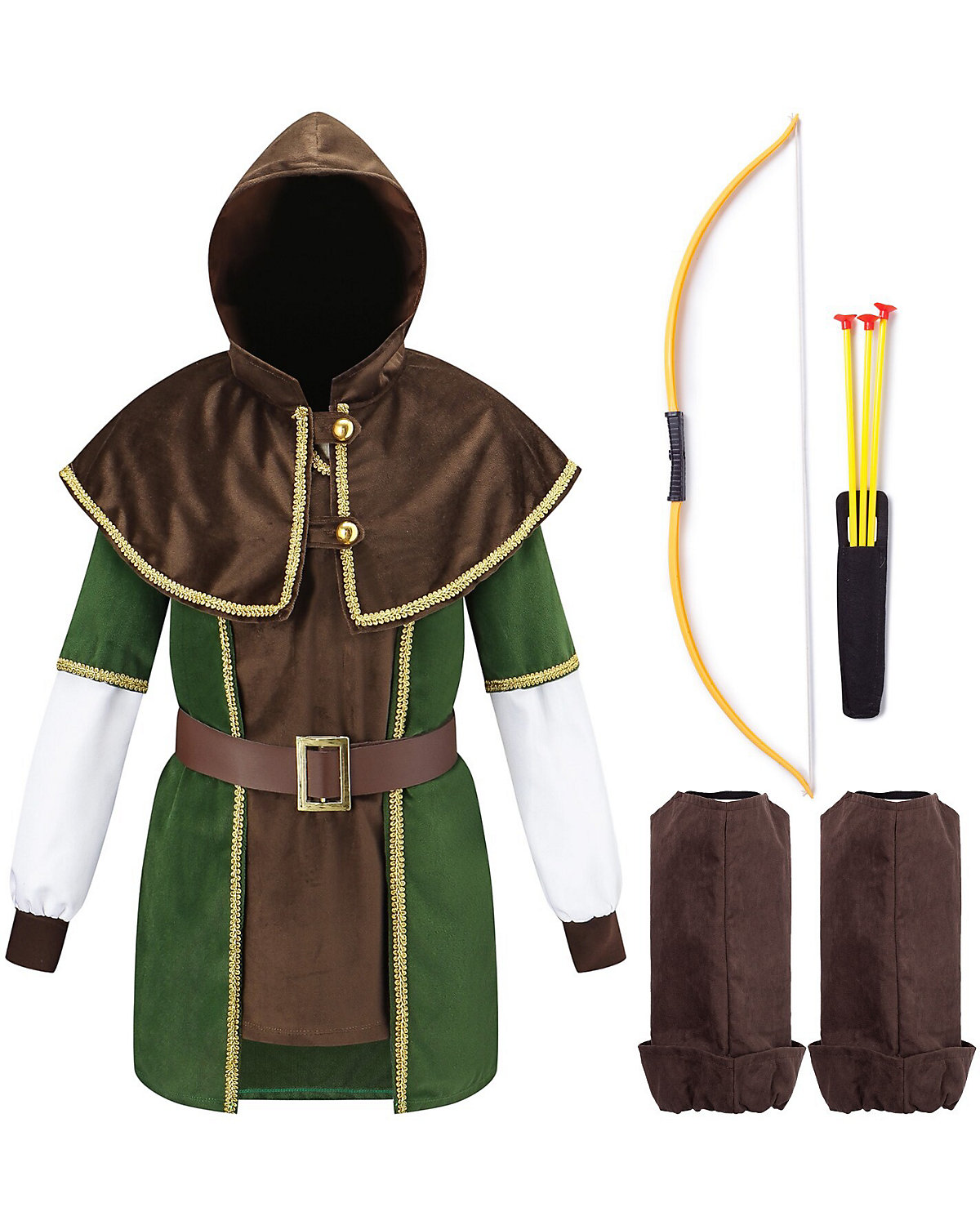 Robin Hood Kostüm Set mit Bogen, Verkleidung für Kinder zu Fasching, cooles Karnevalskostüm, braun/grün