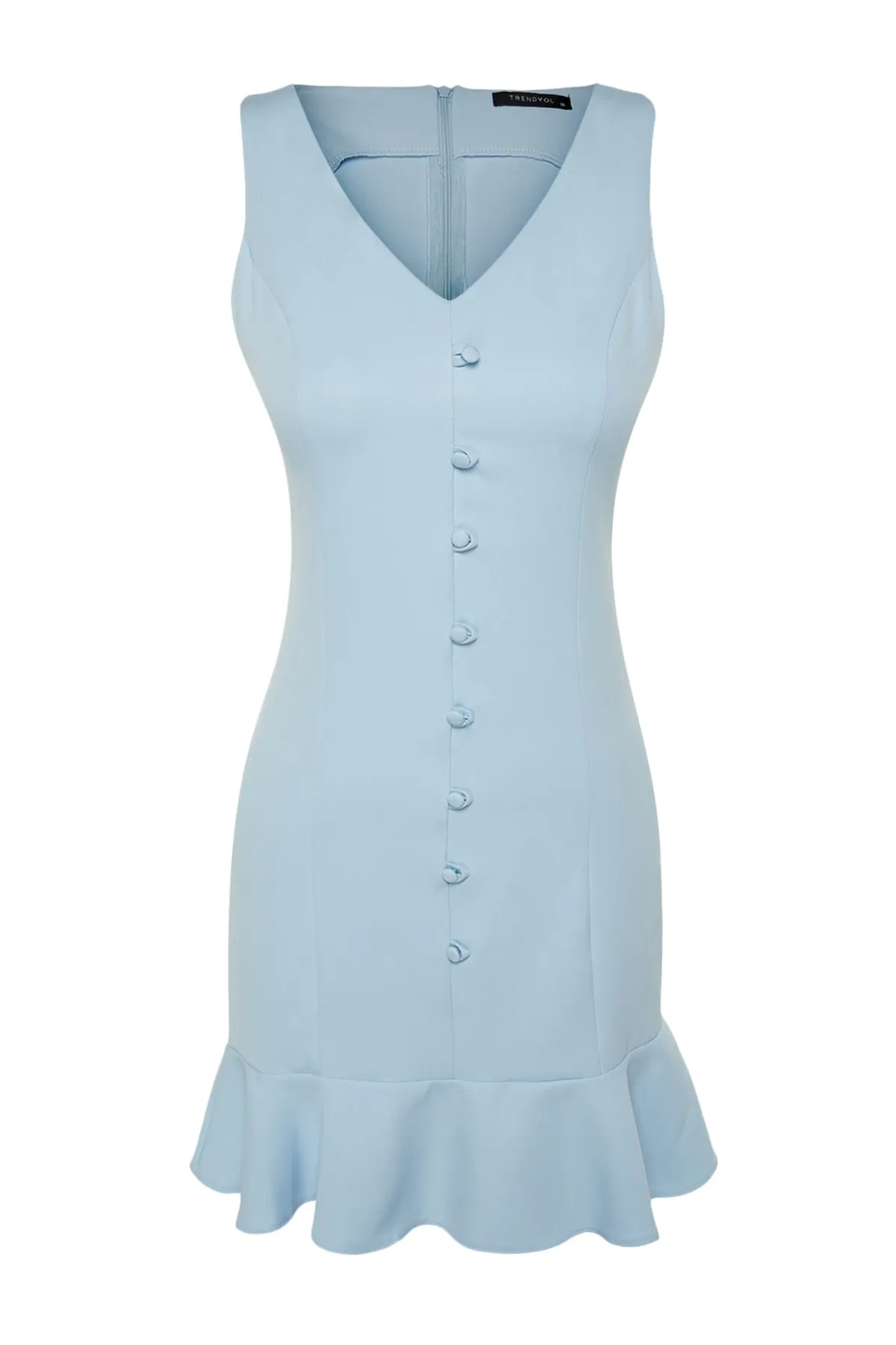 Trendyol Collection  Blaues, gewebtes Minikleid in A-Linie/Glockenform mit Rüschen und Knöpfen TWOSS23EL02259