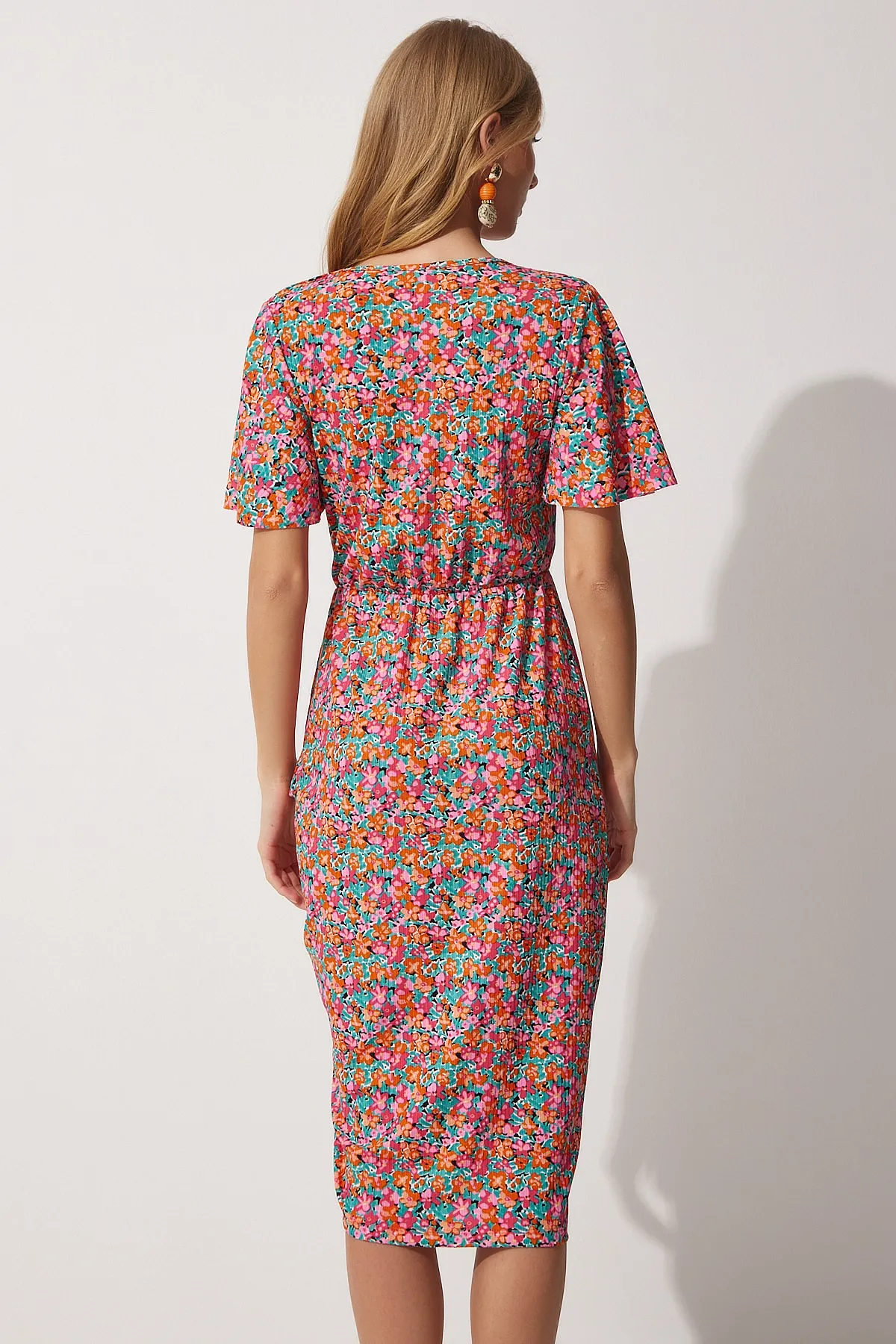 Happiness İstanbul  Damen-Sommerkleid mit Wickelkragen, rosa Blumenmuster, MC00162