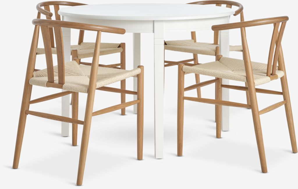 KIRKEBY GUDERUP Table KIRKEBY Ø110 blanche 4 Chaise GUDERUP en chêne