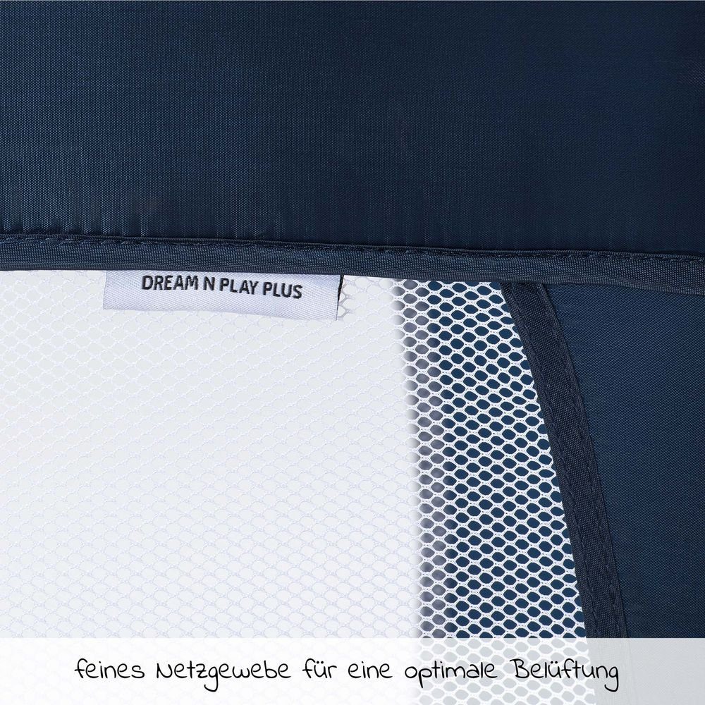 Hauck Baby-Reisebett Dream'n Play Plus - Navy, Baby Kinder Reisebett mit Matratze, 2 Spannbettlaken & Insektenschutz