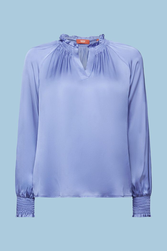 Gesmokte Satinbluse mit V-Ausschnitt