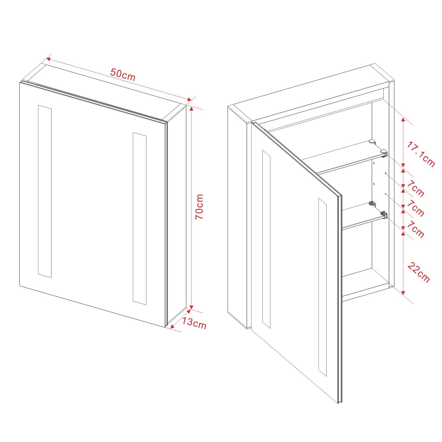 AQUALAVOS Badezimmerspiegelschrank Bad Spiegelschrank mit LED Kaltweiß Beleuchtung IR Sensor Wandschrank 50x70 cm, mit 1 Türig, Doppelseitige Glasspiegel, Soft-Close-Funktion