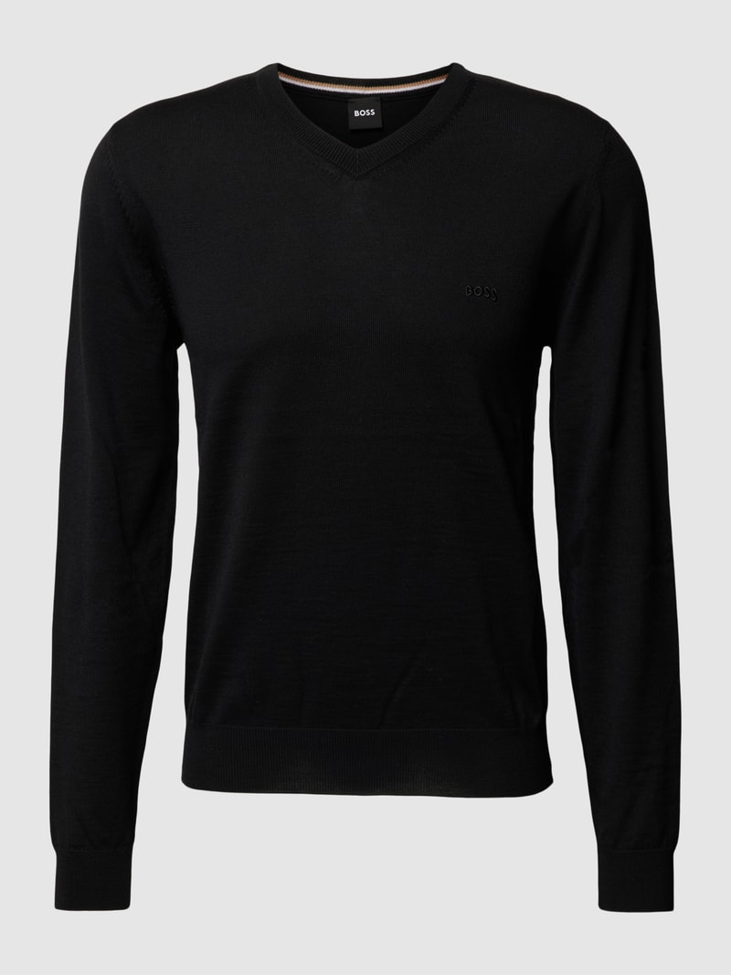 Strickpullover mit geripptem V-Ausschnitt Modell 'Baram' in schwarz