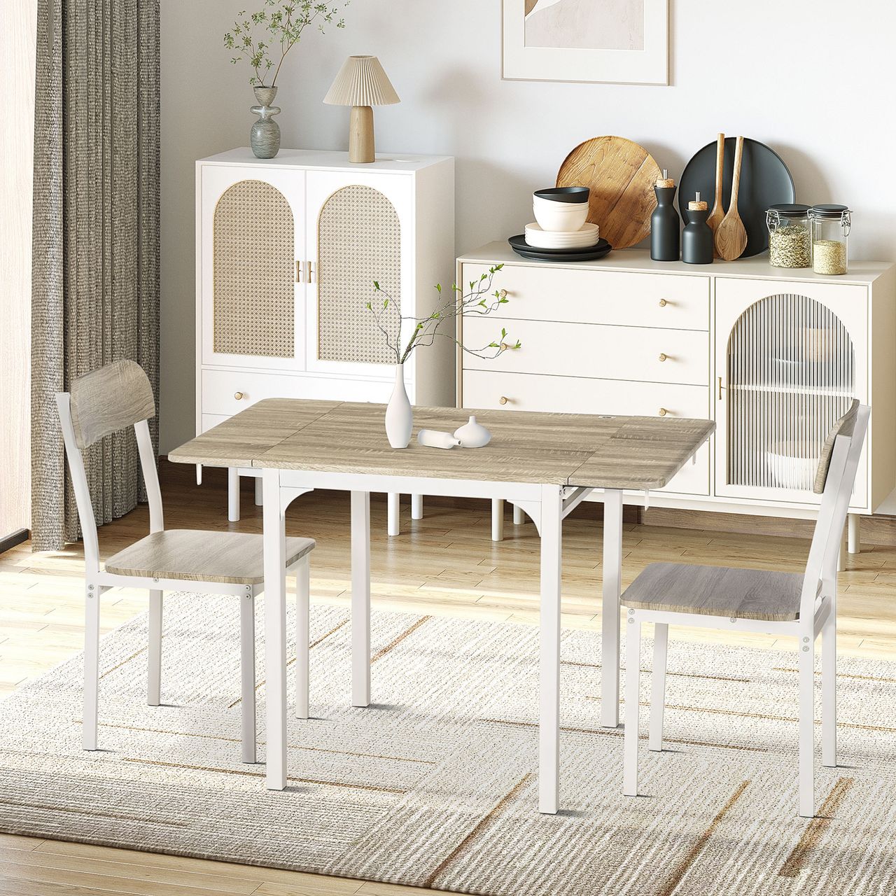 HOMCOM 3 TLG Esszimmergruppe Essgruppe mit 2 Stühlen und 1 Tisch Esstisch Set mit Klappbarer Tischplatte für Küche kleine Raume Stahl MDF Natur Weiß 110 x 70 x 75 cm