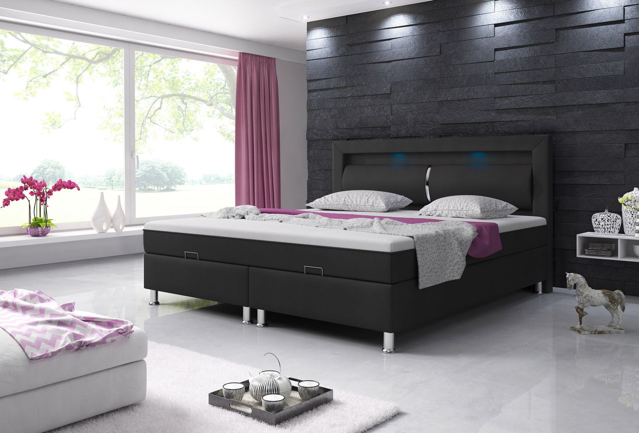 IHG Boxspringbett Milano 180x200 Bettkasten Kunstleder Schwarz TYP 6 mit integriertem Topper