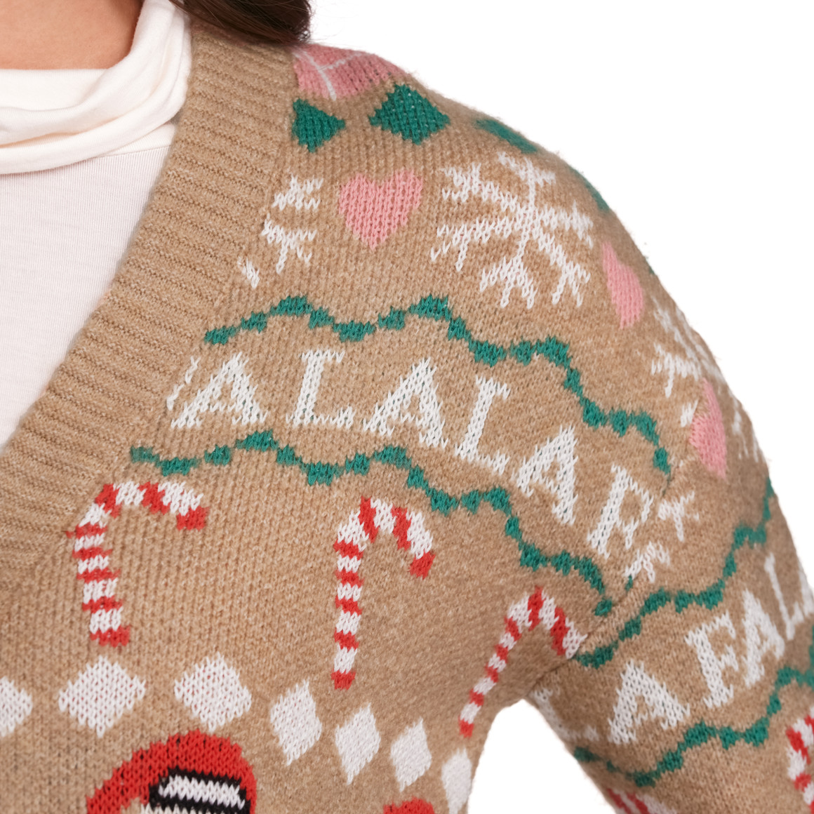 Damen Weihnachtsstrickjacke mit V-Ausschnitt beige