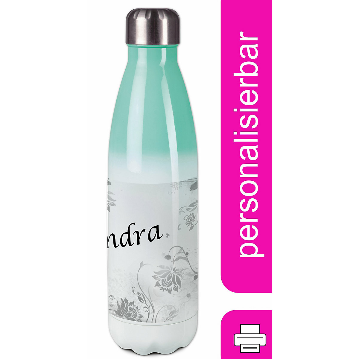 Edelstahl Kinder Thermoflasche / Trinkflasche bunt Blumenranke Farbe grau Spülmaschinenfest, Auslaufsicher, Bruchfest, Doppelwandig, Für Heißgetränke geeignet, Mit Deckel, Isoliert