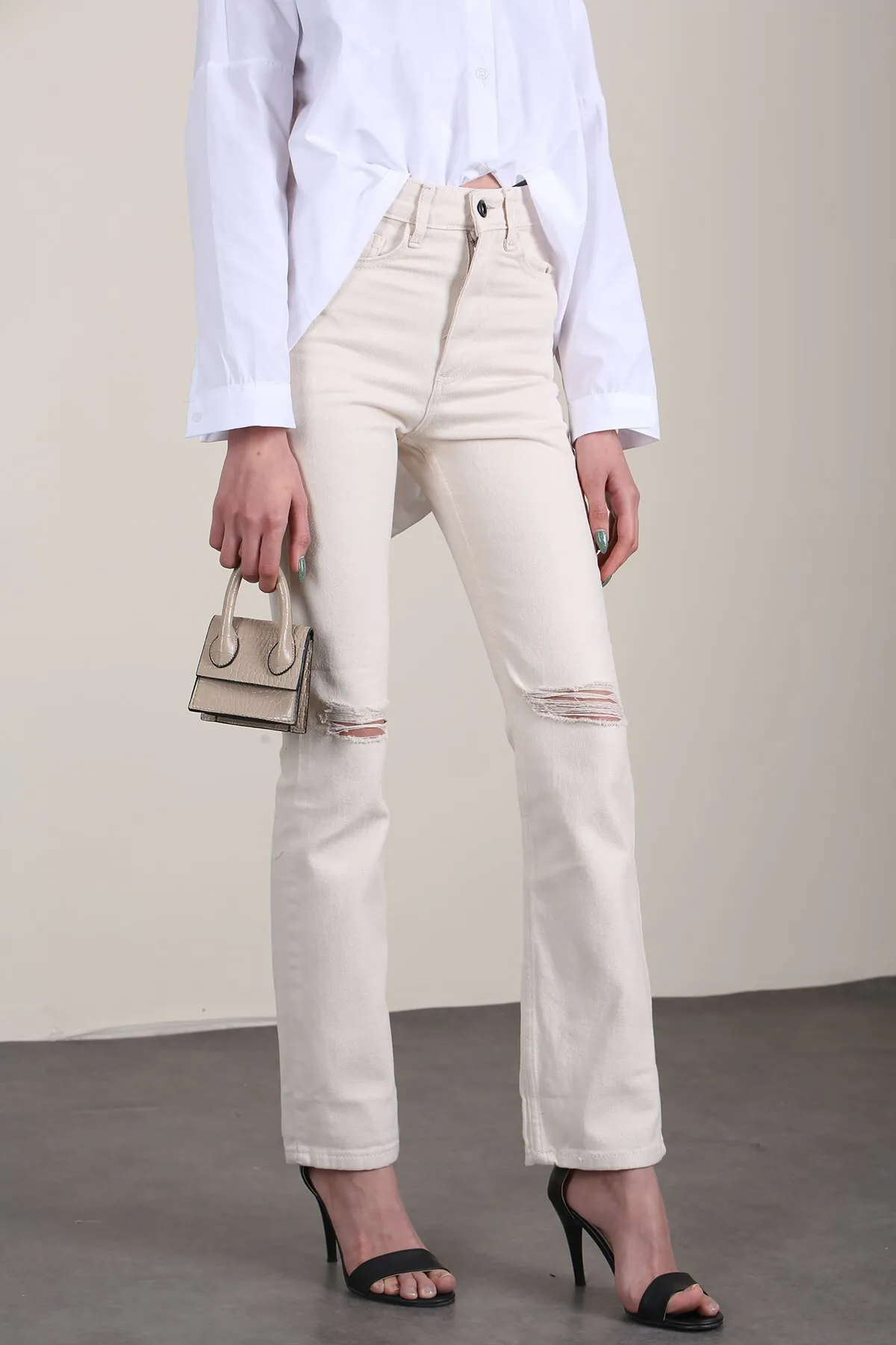 Madmext  Mad Girls Beige zerrissene, detaillierte Slim-Fit-Jeans Mg1305