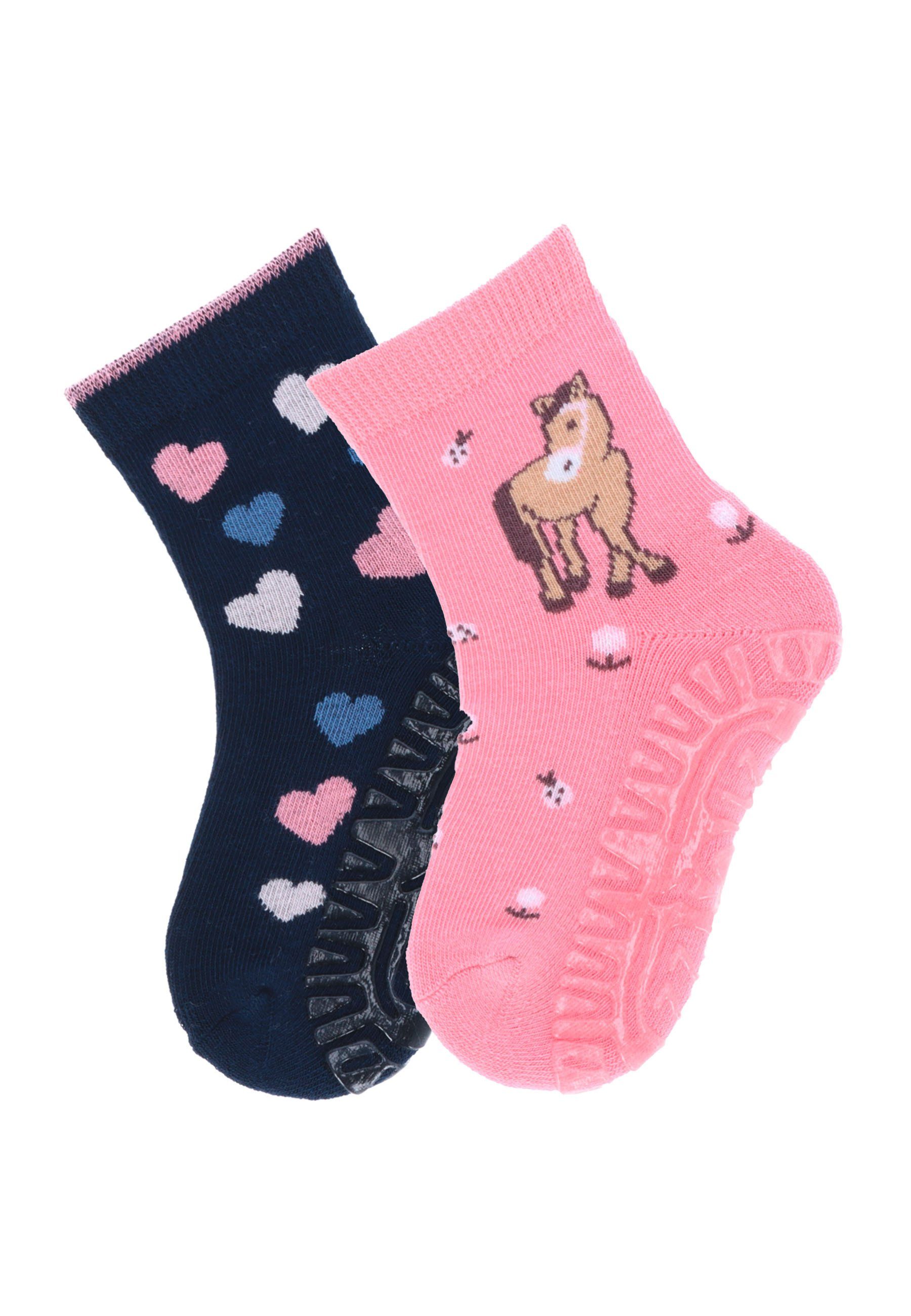 Sterntaler® ABS-Socken Fliesen Flitzer AIR Pferd + Herzen, 2er-Pack (2-Paar) Fliesenflitzer Pferd und Herz - Kindersocken - Haussocken, Stoppersocken mit Vollsohle, Vollplüsch im Sohlenbereich - Gummisocken mit Pferde- und Herz-Motiv - Anti-Rutsch-So