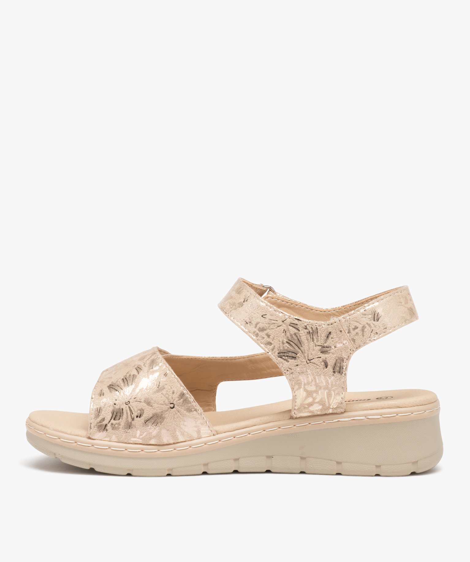 Sandales femme confort en tissu brillant et à scratch beige | GEMO