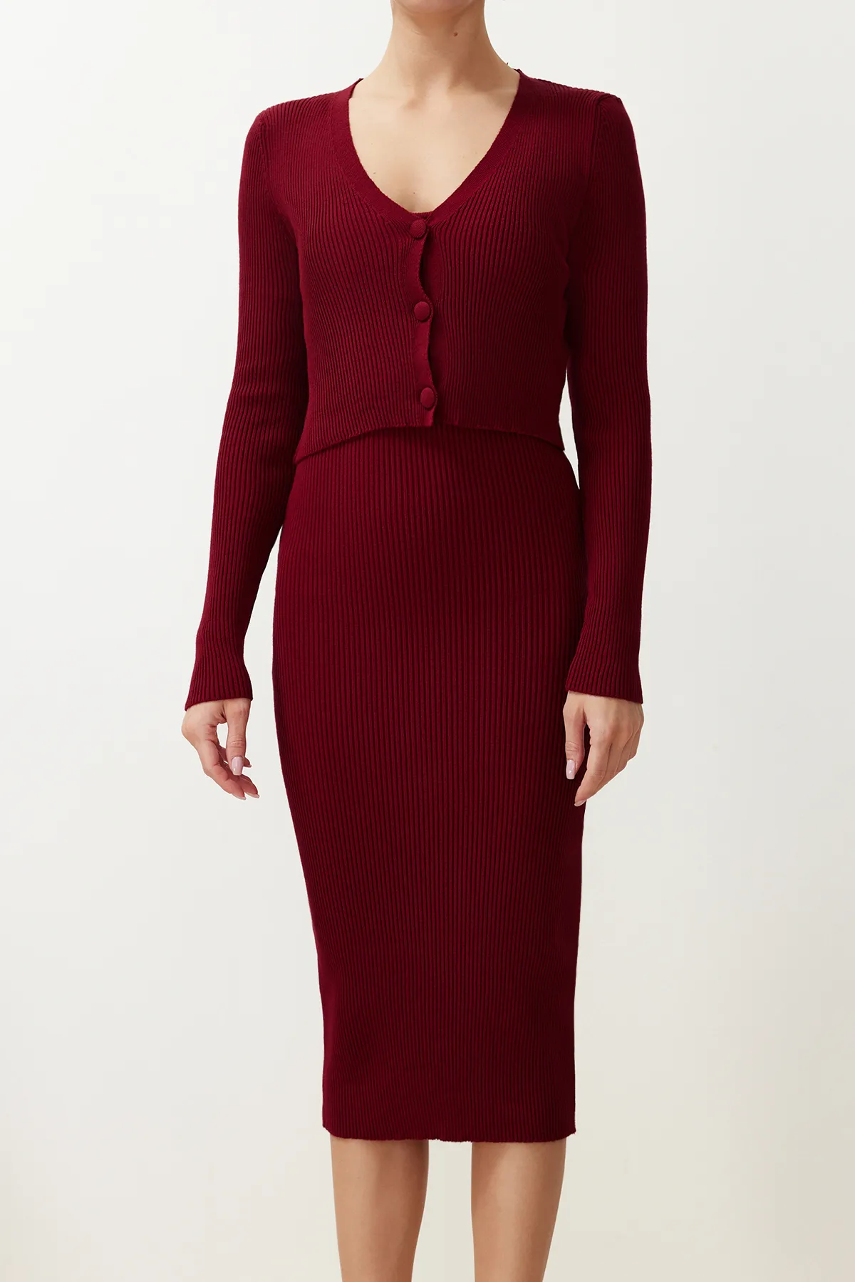 Trendyol Collection  Burgunderrotes, schlichtes Cardigan-Kleid mit Knopfleiste TWOSS21EL0208