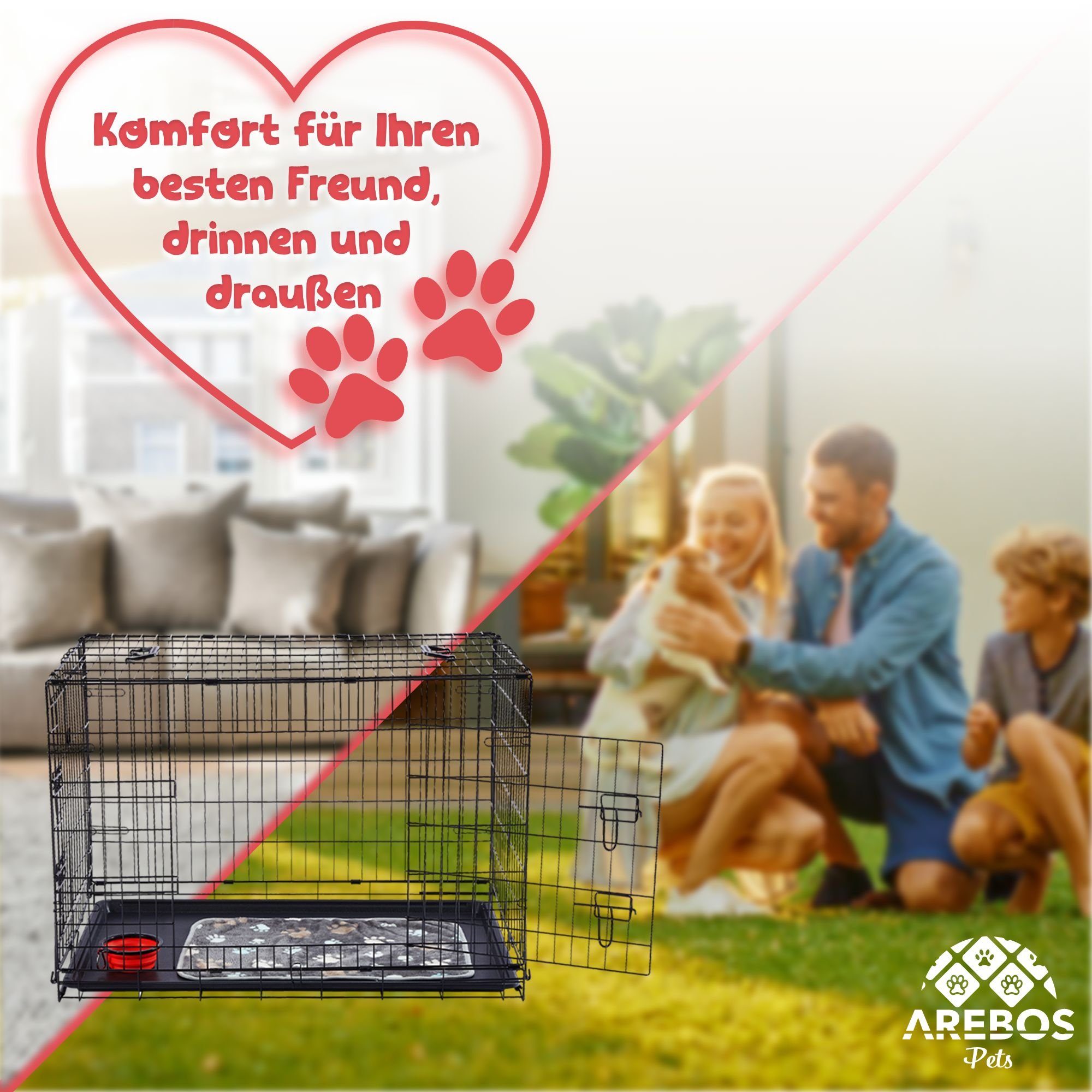 Arebos Hunde-Transportbox Hundekäfig Haustierkäfig Gitterbox klappbar S-M-L-XL bis 11,00 kg, Kuscheldecke