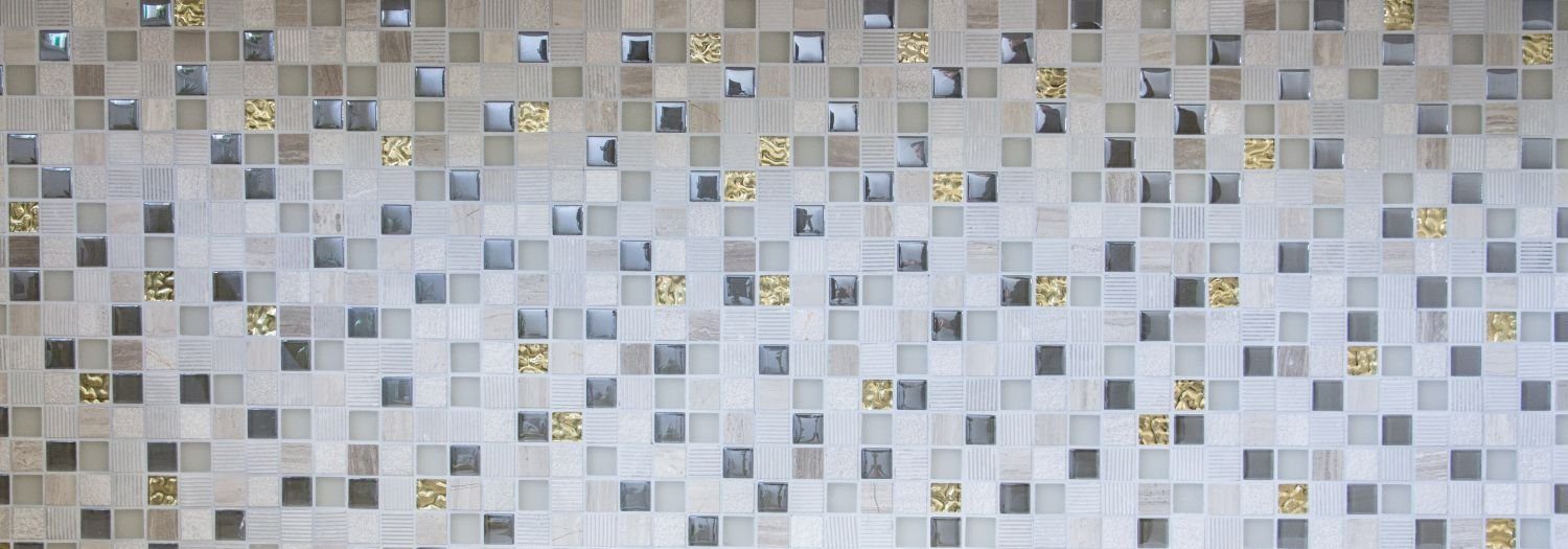 Mosani Mosaikfliesen Naturstein Rustikal Mosaikfliese Glasmosaik Marmor hellgrau gold