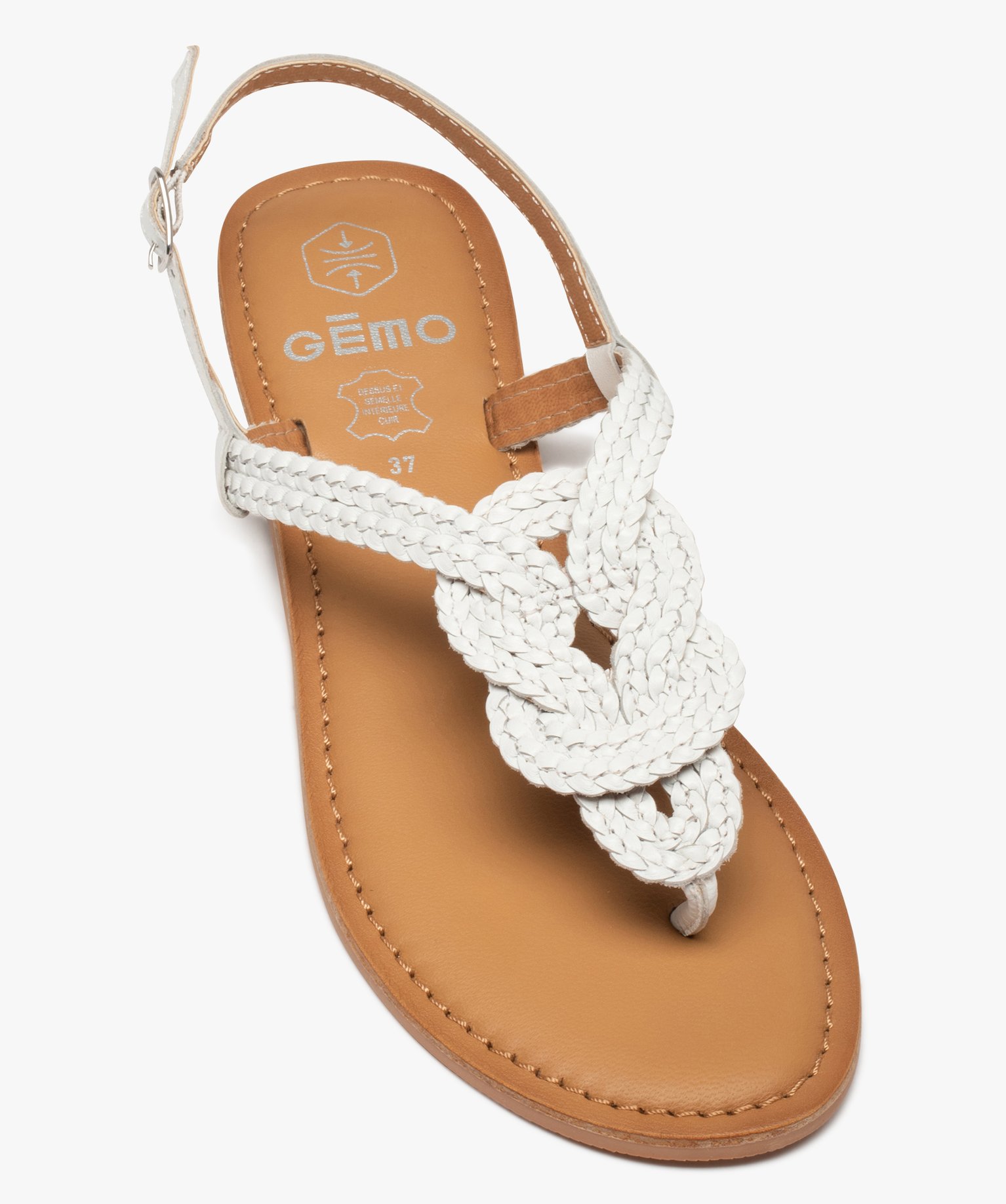 Sandales femme à talon plat et brides entre-doigts tressée... blanc | GEMO