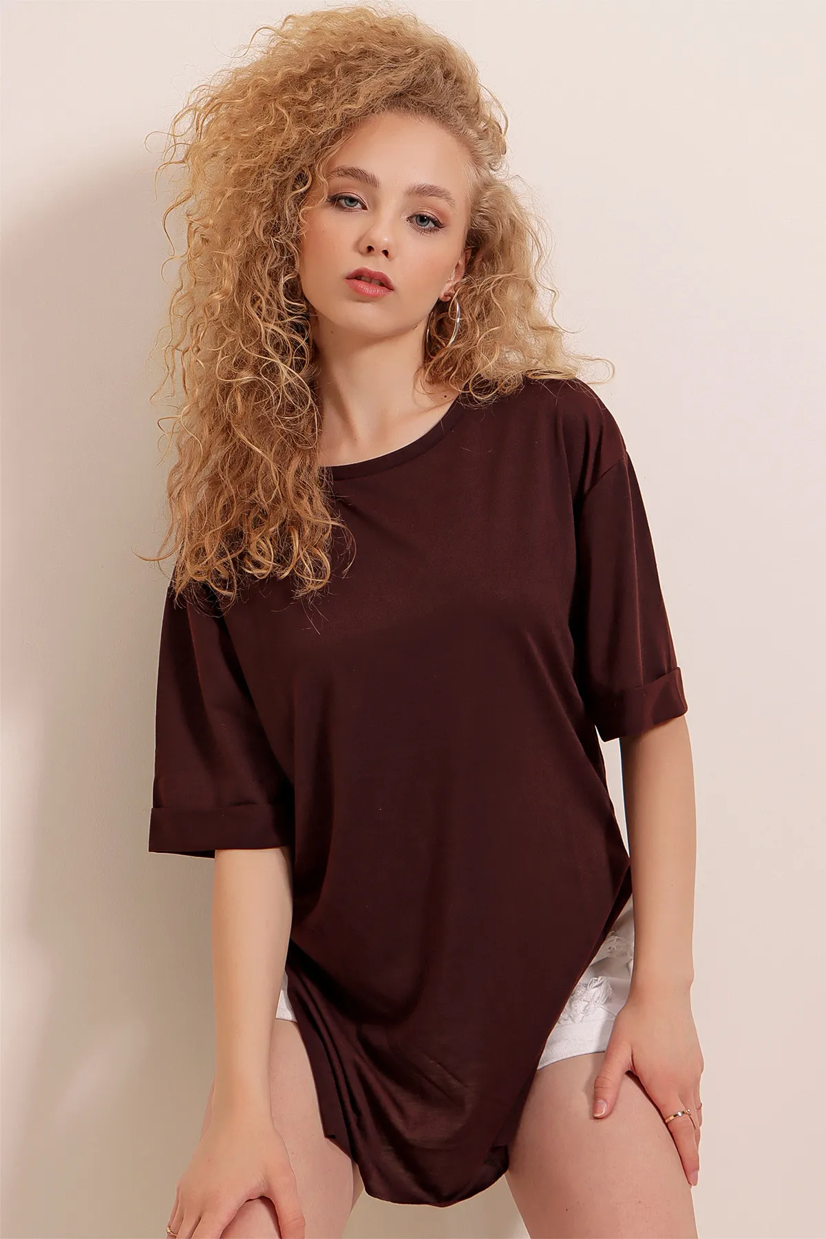 Bigdart  4123 Geschlitztes Oversize-T-Shirt – Braun