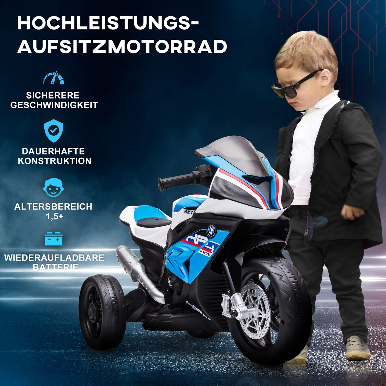 HOMCOM Kinder Elektro-Motorrad Kindermotorrad Elektro-Dreirad ab 18 Monaten Blau
