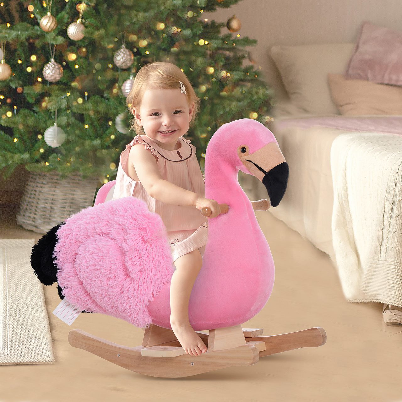 HOMCOM Schaukelpferd Schaukelspielzeug Flamingo mit Sicherheitsgurt Plüsch