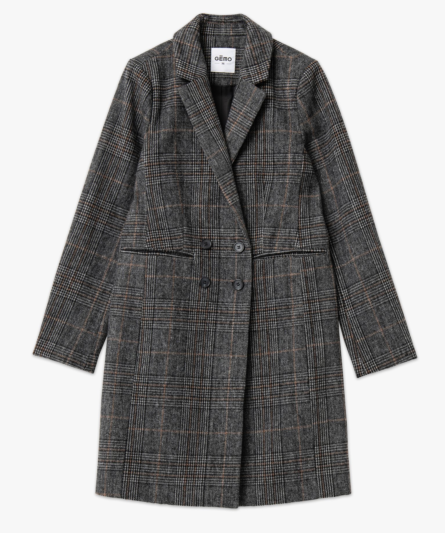 Manteau long droit à double boutonnage femme carreaux | GEMO