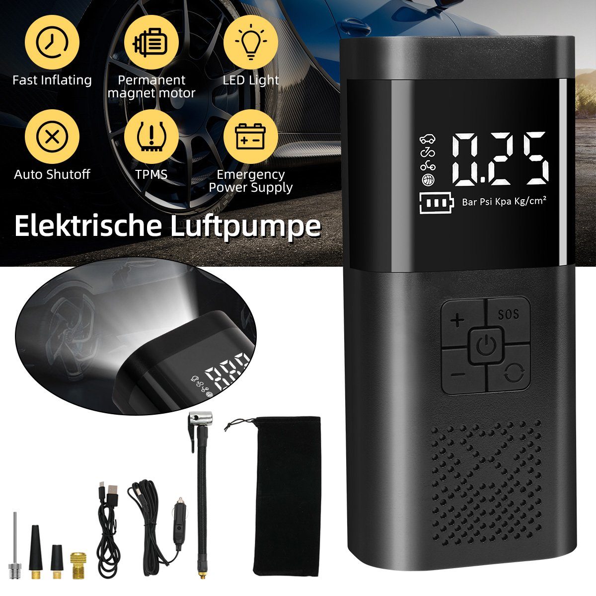 7Magic Luftpumpe Elektrische Luftpumpe mit 6000mAh Akku, AutoOff, USB-Powerbank, 150PSI Luftpumpe mit Manometer für Auto Fahrrad Motorrad Bälle