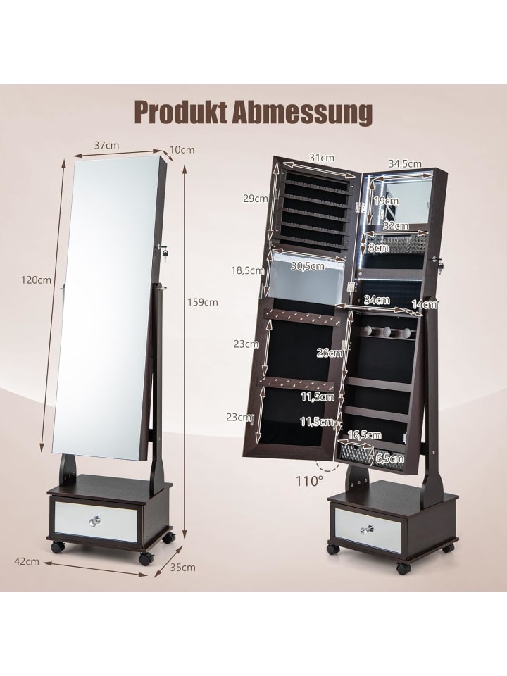 COSTWAY Schmuckschrank LED mit Rollen 159cm in Braun günstig kaufen onesize