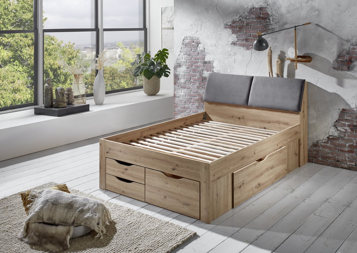 Relita Funktionsbett Maxi 140 x 200 cm, mit Rolllattenrost mit 5 Bettschubladen und Stauraum-Polster-Kopfteil Eiche Artisan Dekor
