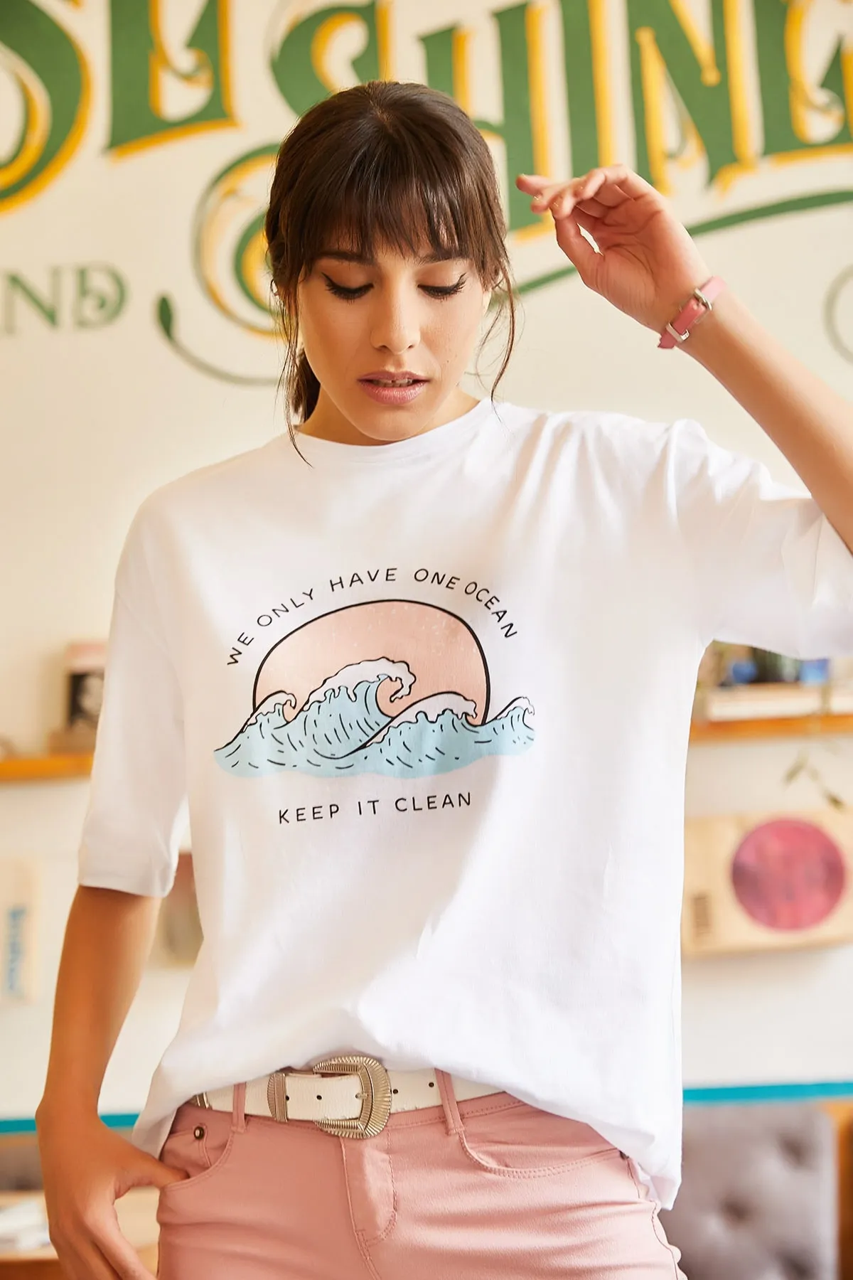 Olalook  Weißes Ocean-T-Shirt für Damen TSH-19000294