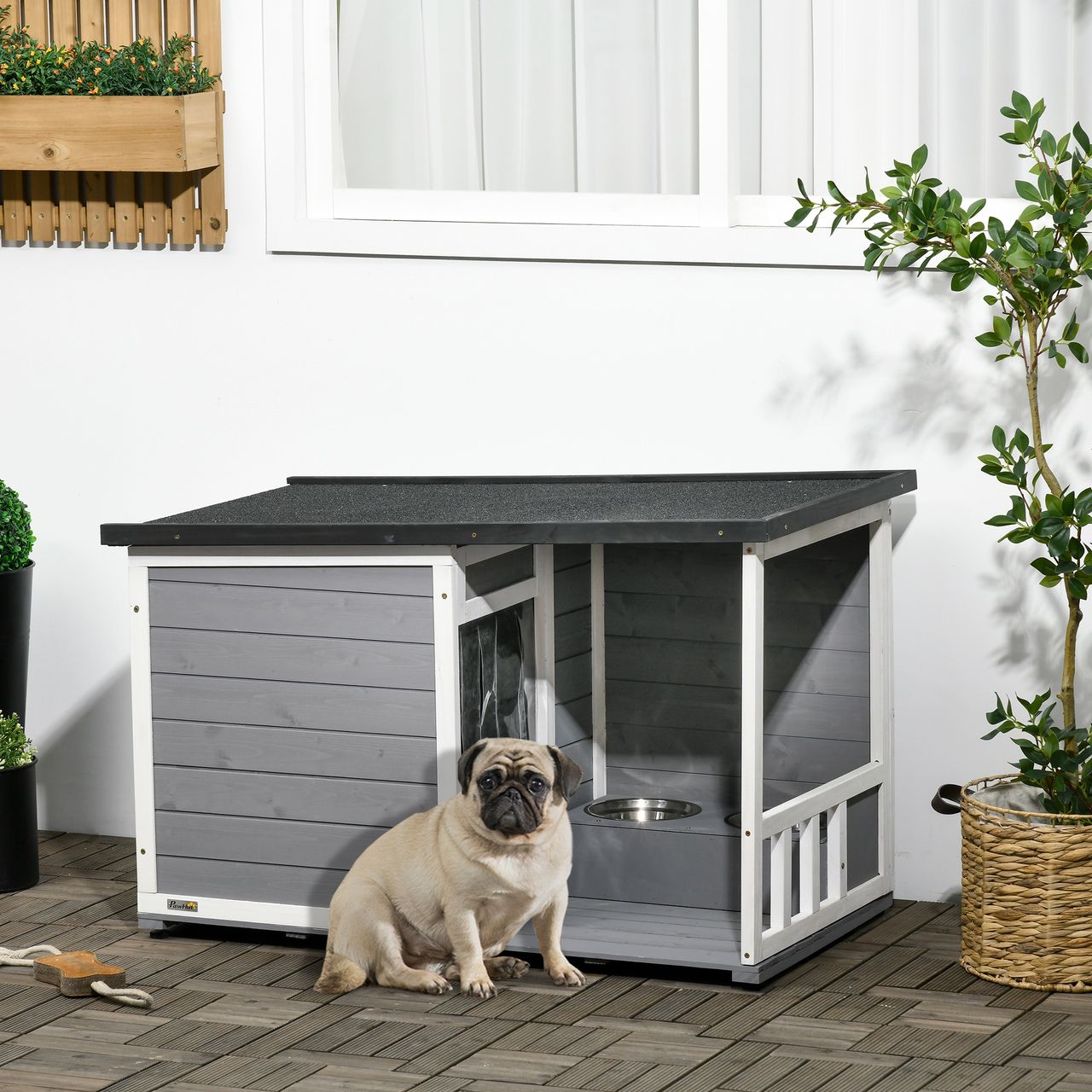 PawHut Hundehütte, Tannenholz, Hundehaus, Kleintierhaus mit 2 Schüsseln, Outdoor