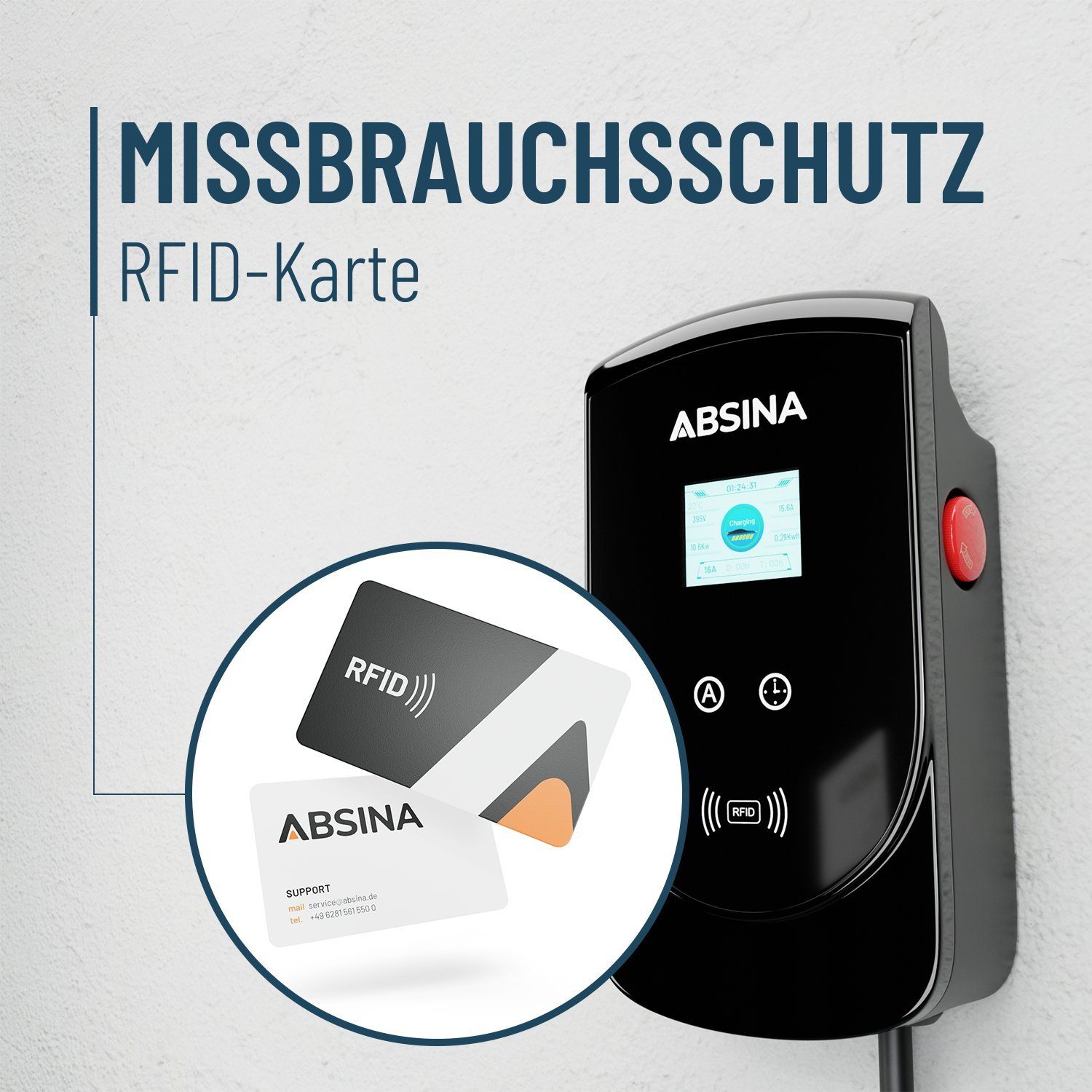 ABSINA Elektroauto-Ladestation Wallbox 11kW mit Typ 2 Ladekabel 8m - Elektroauto Ladestation bis 16A