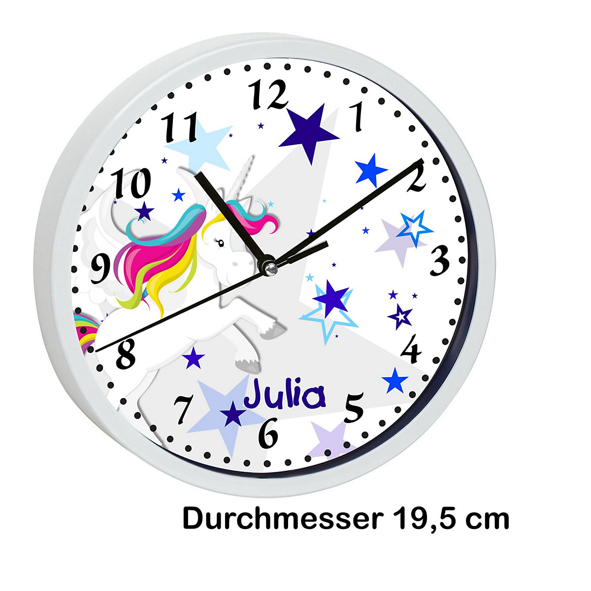 Kinder Wanduhr personalisiert mit Name Pegasus Sterne Blau