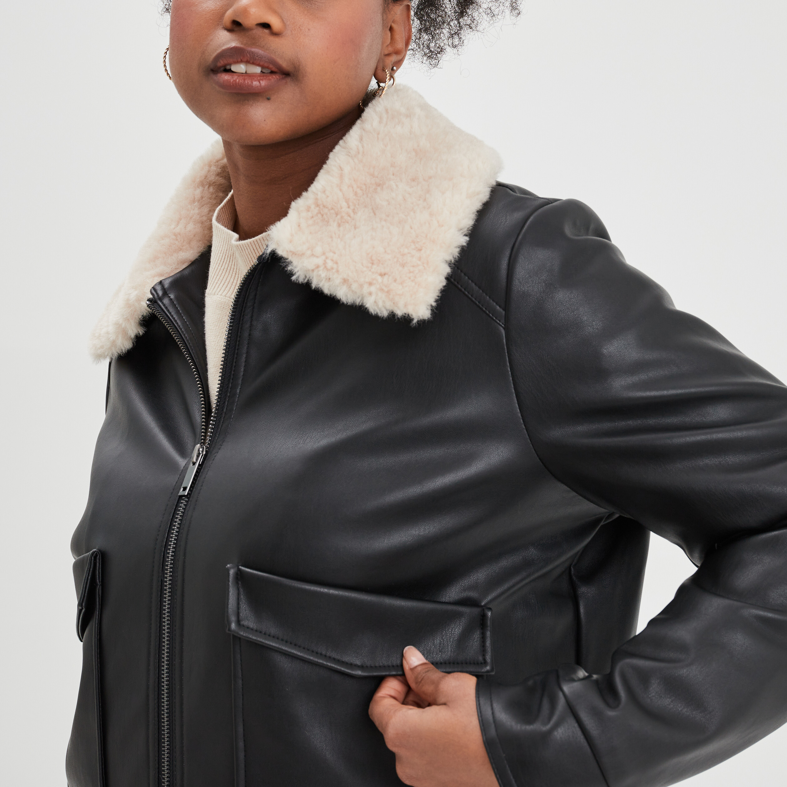 Veste simili cuir col aviateur noir femme | La Halle