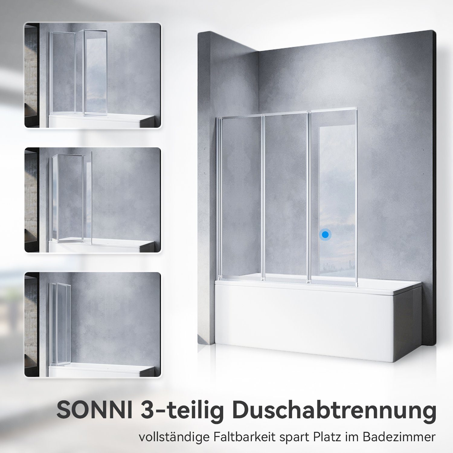 SONNI Badewannenaufsatz Badewannenaufsatz Faltbar, 3 teilige Faltwand,130x140 cm, Nano Glas, Einscheibensicherheitsglas mit Nano Beschichtung, 130x140 cm, für Badezimmer, faltbar, Badewannenfaltwand, Duschabtrennung