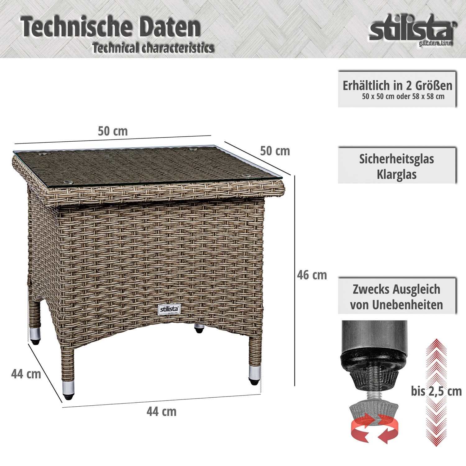 STILISTA Beistelltisch Gartentisch Balkontisch Loungetisch Kaffeetisch, Eckig, Glas Tischplatte, Polyrattan, Modell- und Farbwahl