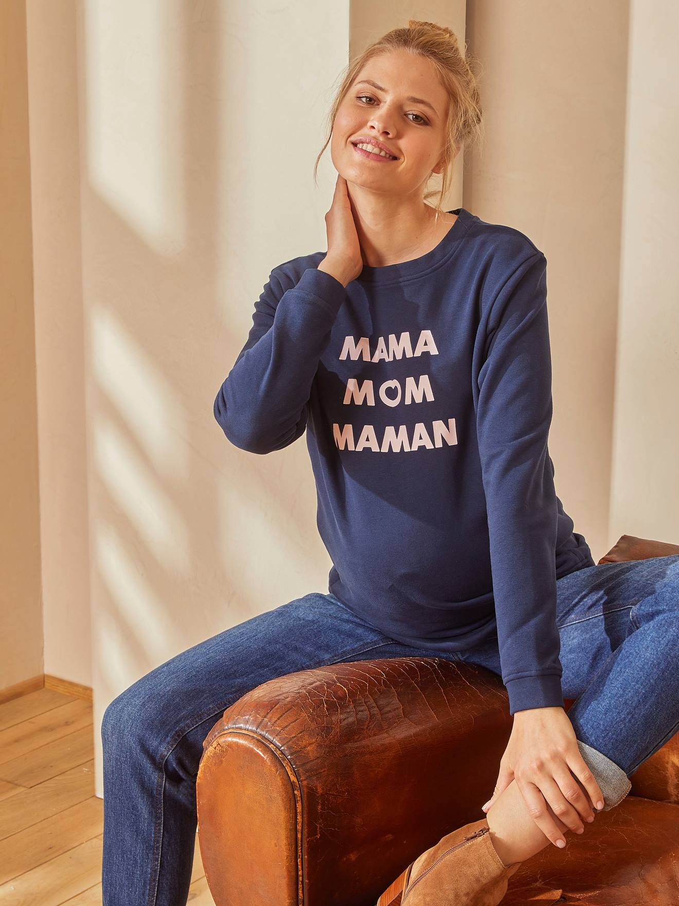 Vertbaudet Sweatshirt für Schwangerschaft & Stillzeit, Schriftzug Oeko-Tex - nachtblau