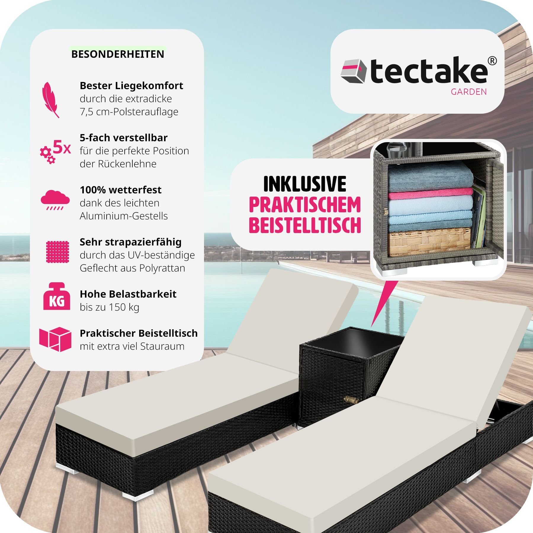 tectake Gartenliege 2 Sonnenliegen Rattan mit Aluminiumgestell und, 1, 1 St., 1tlg., Überdachung